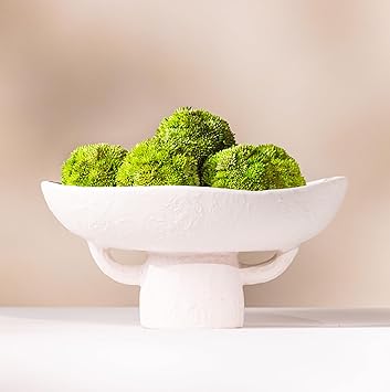 Luxurious White Textured Ceramic Bowl and Greenery Set,12.5x10.5 Inch Pedestal Decorative Bowl, with 6 Green Succulent Moss Balls, Counter Top, Farmhouse Table Centerpiece, Living Room, Kitchen Decor