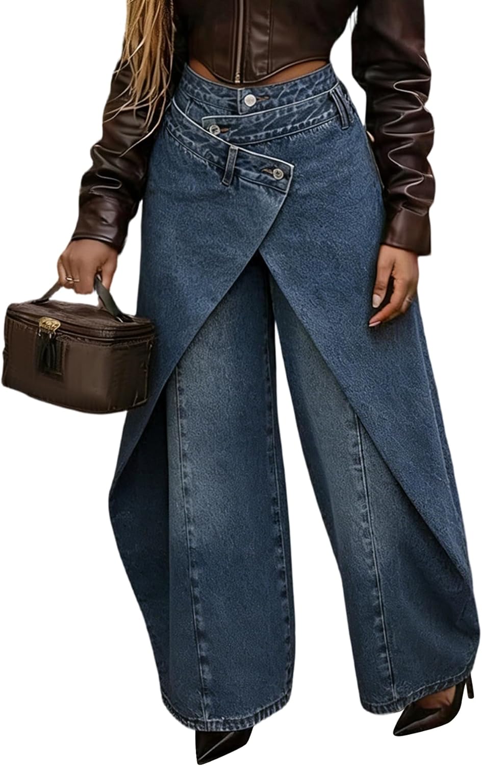 Voghtic Women's High Waisted Wrap Wide Leg Jeans - Asymmetrical Faux Wrap Denim Pants