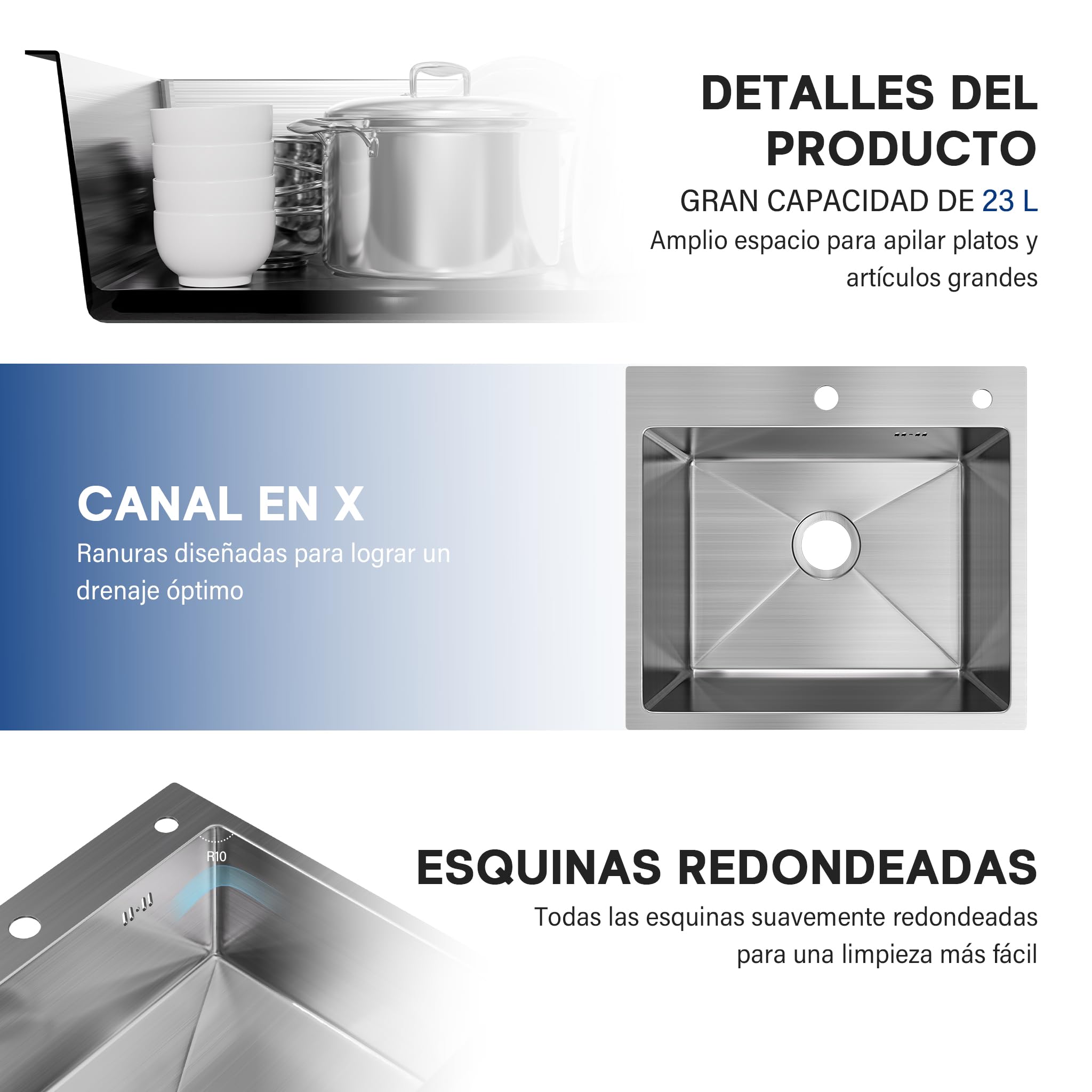 Fregadero Cocina 50x45 cm, STANEW Fregadero Cocina 1 Seno,Fregadero Inox con Dispensador de Jabón y Sifón，Sobre Encimera,Adecuado para Cocinas Pequeñas y Autocaravanas.