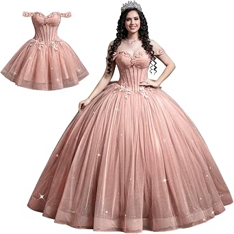 Mauuwy 2 in 1 Quinceanera Dresses with Bow Off Shoulder Quinceanera Short Dress 3D Flower Ball Gowns with Detachable Train