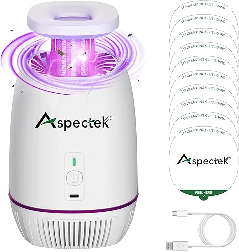 ASPECTEK Exterminador de insectos para interiores, matamoscas 4 en 1 con luz UV, potente rejilla eléctrica, ventilador fuerte y 10 almohadillas