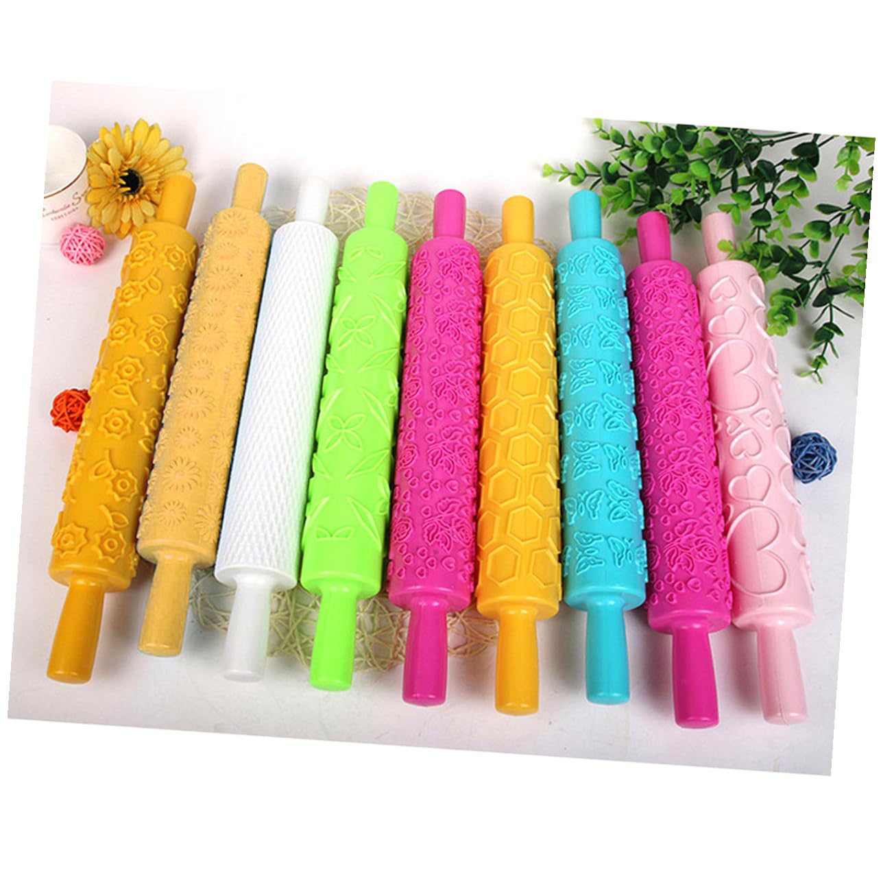 Set de 8 Rouleaux à Pâtisserie en Plastique pour Décorations Pâtisserie, Motif Relief Floraux, Facile à Tenir, pour Fondant et Gaufrage