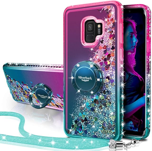 Miss Arts Galaxy S9 Case, [Silverback] Moving Liquid Holographic Sparkle Glitter Case With Kickstand, Bling Diamond Bumper W/Ring Slim Protective Case for Girls Women for Samsung Galaxy S9 -Green