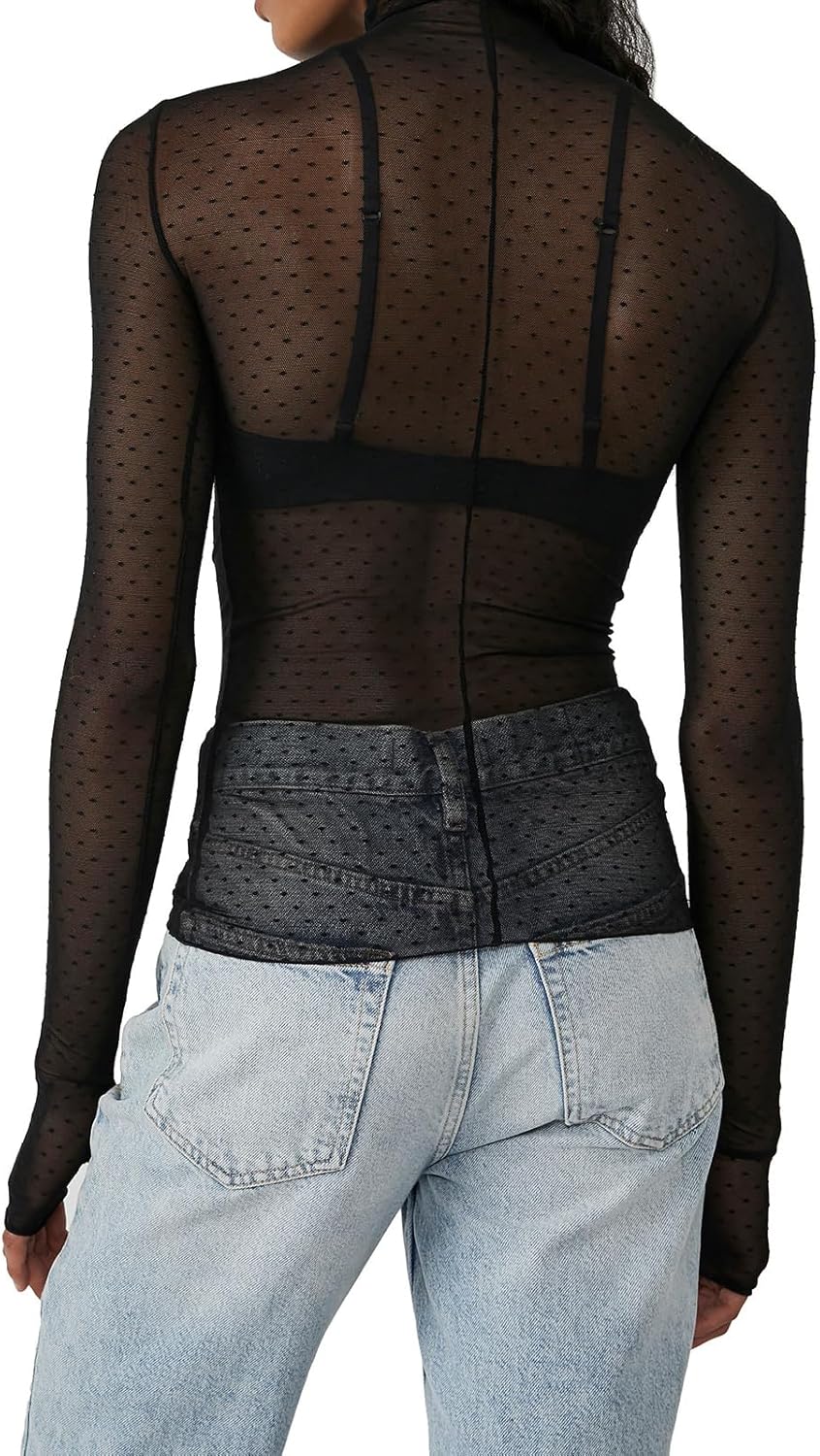 Sheer Mesh Long Sleeve Layering Top for Women Mock Neck Floral Lace Tshirt See Through Tee Shirt Blouse - Image 3