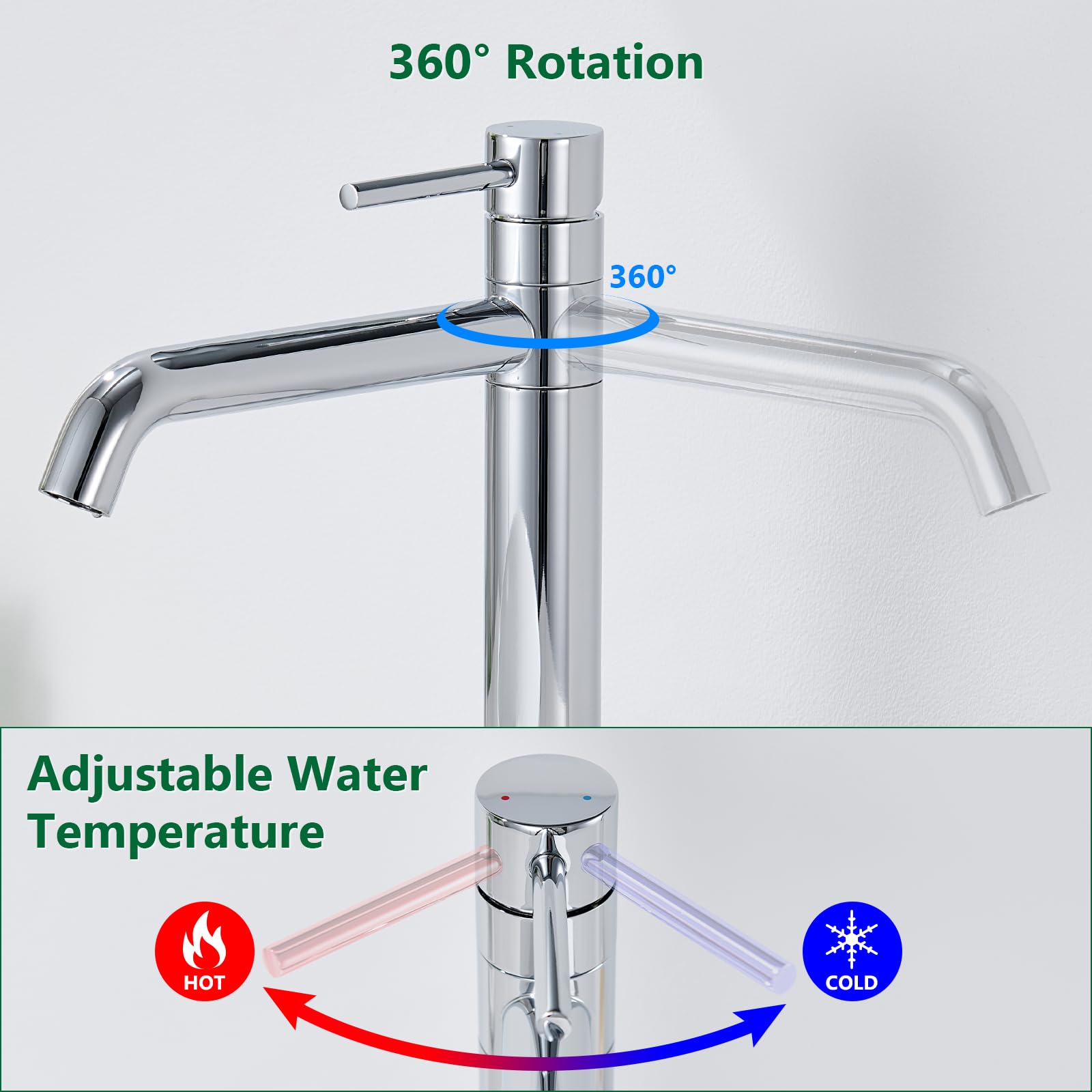 Rubinetto per Lavabo Alto, Rubinetto Bagno con Bocca Girevole a 360°, Miscelatore Monocomando per Lavabo da Appoggio, Rubinetto Bagno Alto, Cromo