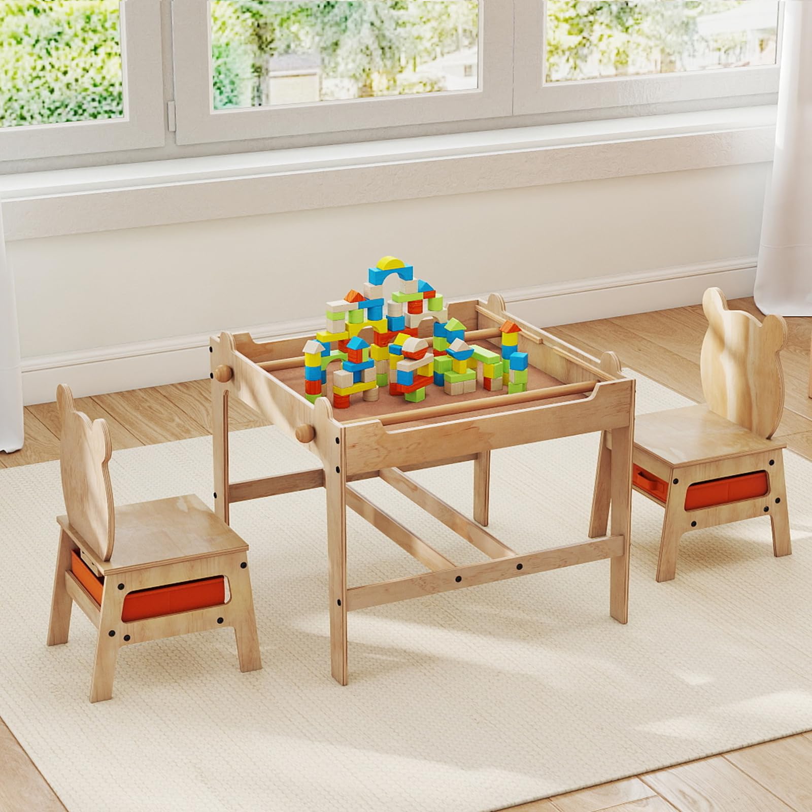 LIFEZEAL Kindertisch mit 2 Stühlen, Kinder Spieltisch mit wendbarer Tafel & Stauraum, Kindersitzgruppe Holz mit niedlichen Mustern, Multifunktionale Sitzgruppe für Kinder ab 3 Jahren (1, Panda)