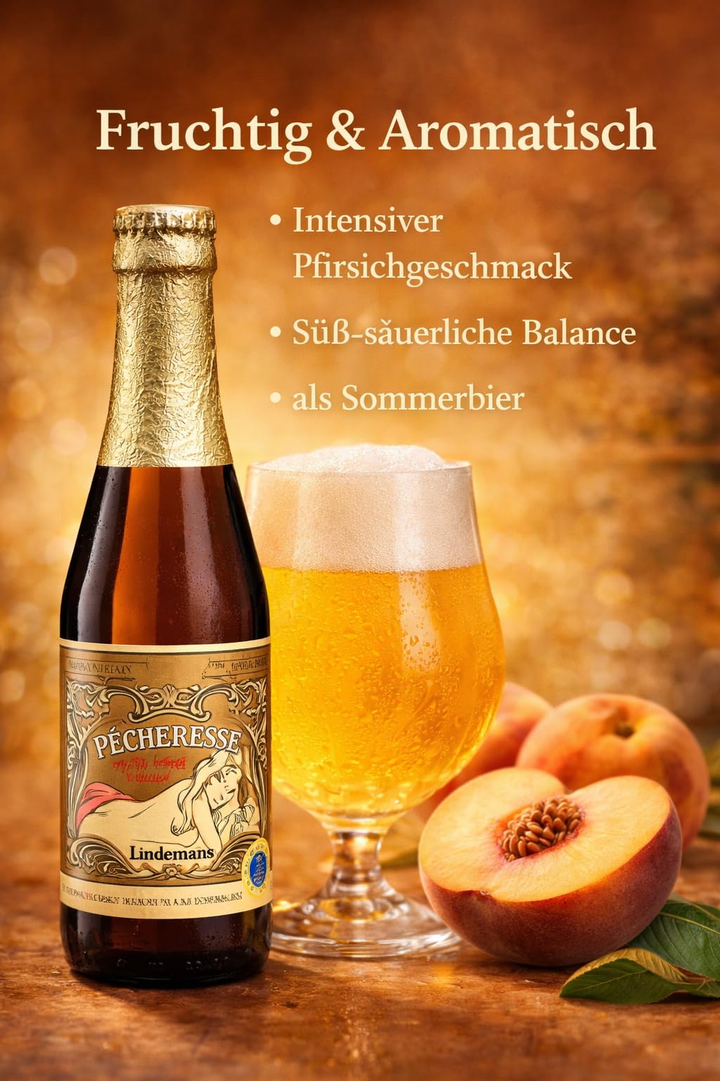 Lindemans Pecheresse Lambic Bier, Fruchtiges Pfirsichbier, 12x0,25l, Mild Erfrischend Süß-Säuerlich, Premium Craft Bier aus Belgien