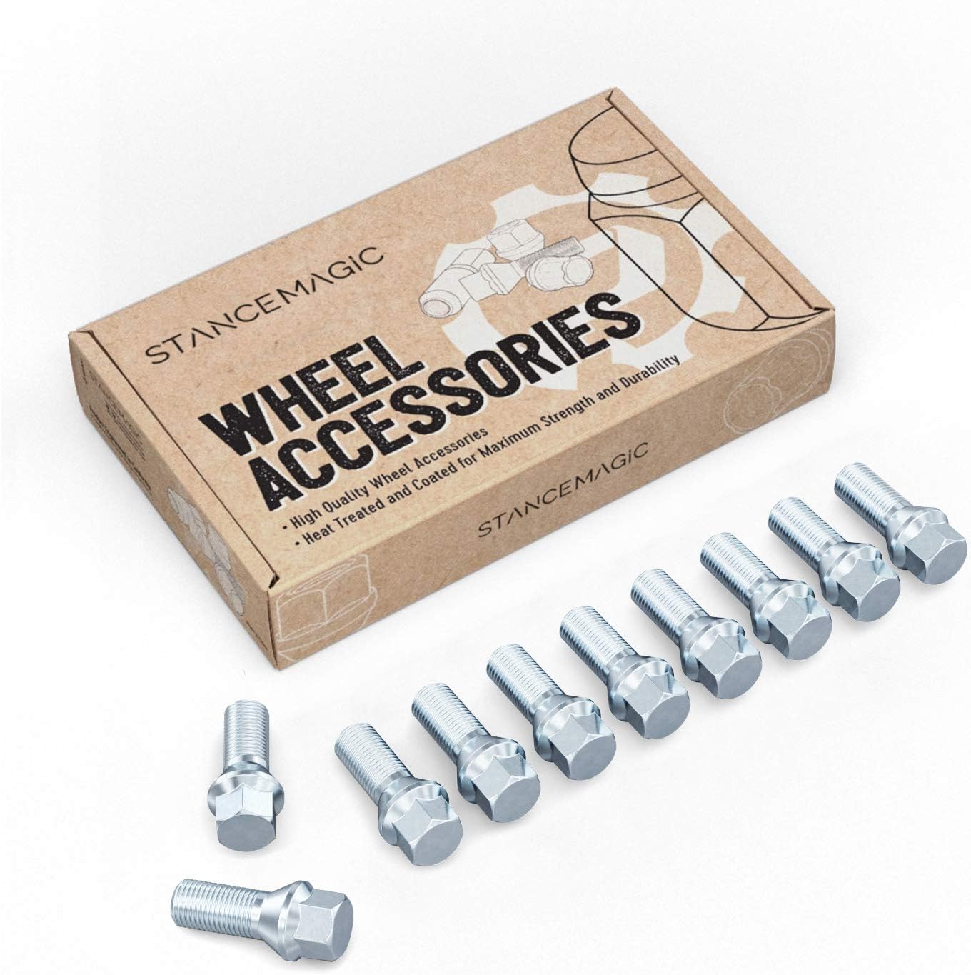 10pcs Silver 12x1.5 Lug Bolts (26mm Shank Length, Cone Seat) OEM Length - Compatible with BMW 128i 135i 318i 320i 325i 328i 335i M3 525i 528i 530i 535i M5 Z3 Z4 E36 E46 E60 E90 E92 E93