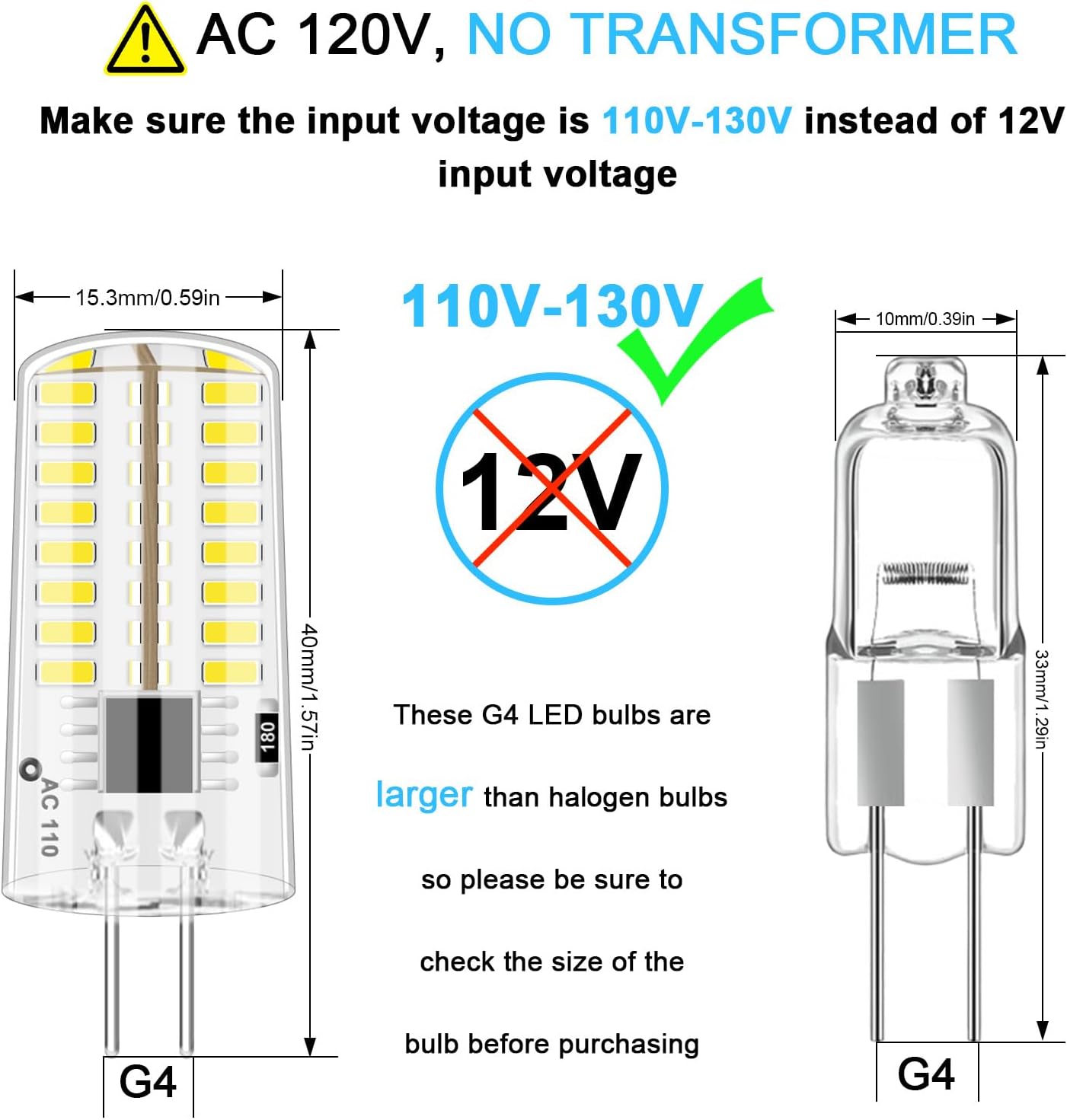 10pcs G4 LED Bulbs AC110V-130V Dimmable, 2.6W Equivalent to 26 Watt Incandescent Bulb, 280 Lumens 360°Beam Angle Silicone Bi-pin G4 LED Bulb for Chandeliers Pendant, Cool White 6000K