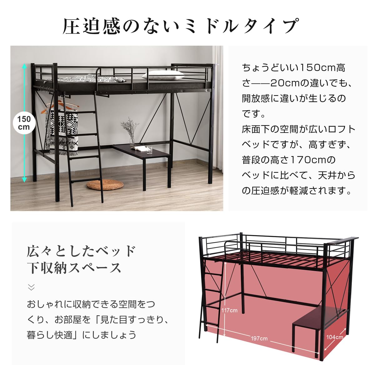 Amazon｜Kennkari ロフトベッド ローデスク付き パイプベッド 机付き 