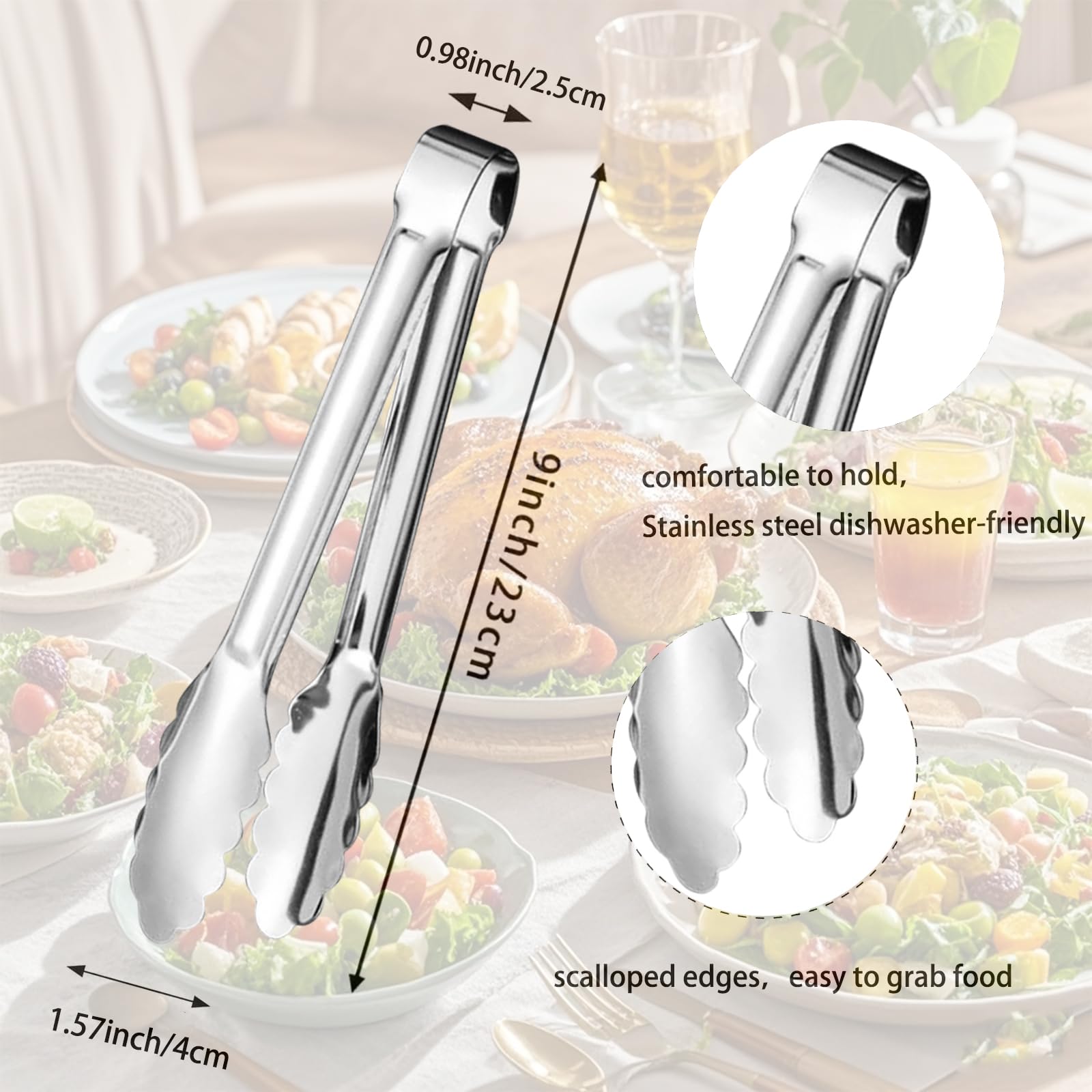 Edelstahl-Servierzangen, vergoldet oder versilbert, 22,9 cm, robust, langlebig, Grillklemmen, Design für Hochzeiten, Partys, Bankette, Buffets, Familienfeiern, Küche, Kochen, Servieren, Clip, 6 Stück