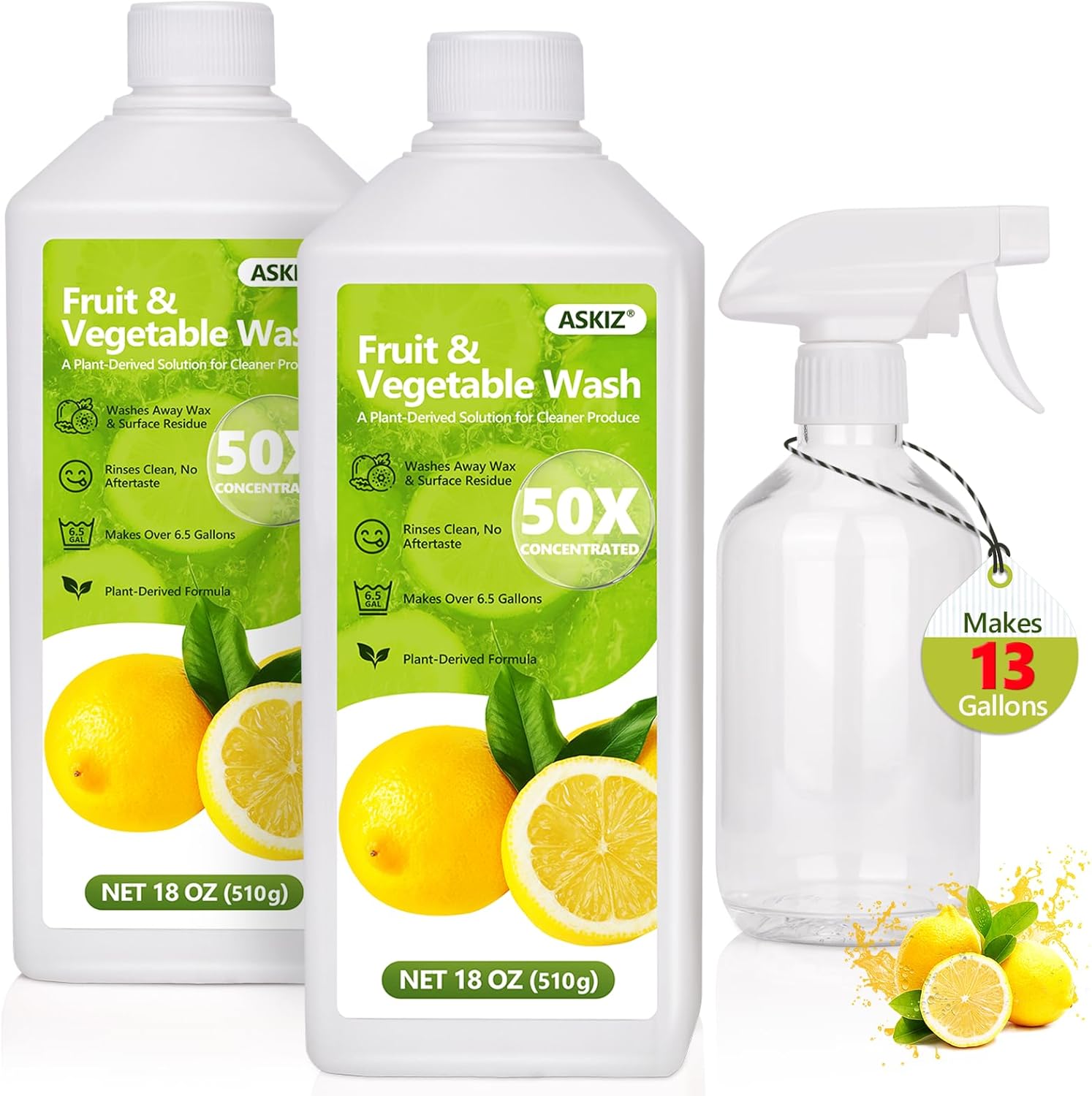 Fruit & Vegetable Wash,13 Gallons Lemon Produce Wash and Clean,Fruit Cleaner Comes With an Improved Nozzle Bottle,Multi Purpose Cleaner Removes Wax, Dirt and Surfaceues