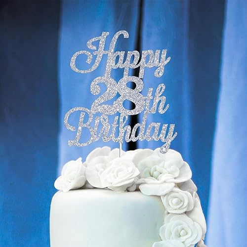 Miniatura 5 de Decoración para tartas de feliz cumpleaños número 28 con purpurina plateada, decoración de cumpleaños de 28 años, decoración de cumpleaños de 28