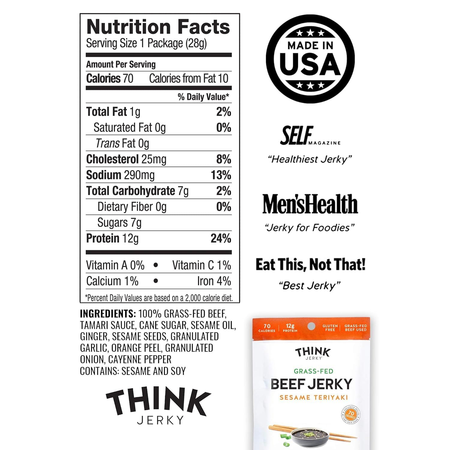 Think Jerky Beef and Turkey Jerky Variety Pack, Original, Sweet Chipotle, Sriracha Honey, Sesame Teriyaki, Healthy Jerky Snack, Healthy Meat Snack, Low Calorie Low Fat - 1.0 oz Bags, 16 Pack