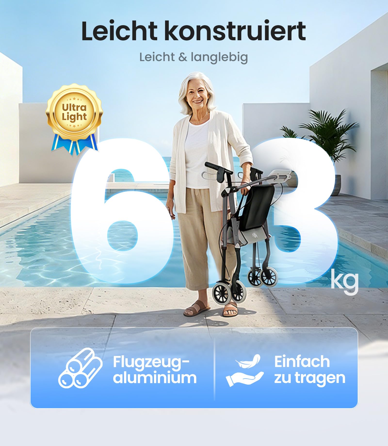 VOCIC Rollator faltbar und leicht mit Sitz, 6,3kg Ultraleicht für Senioren | Rollator klappbar, Max 150 kg, Ergonomischer Sitz, höhenverstellbar, Walker schmal für wohnung & Reise,Silber