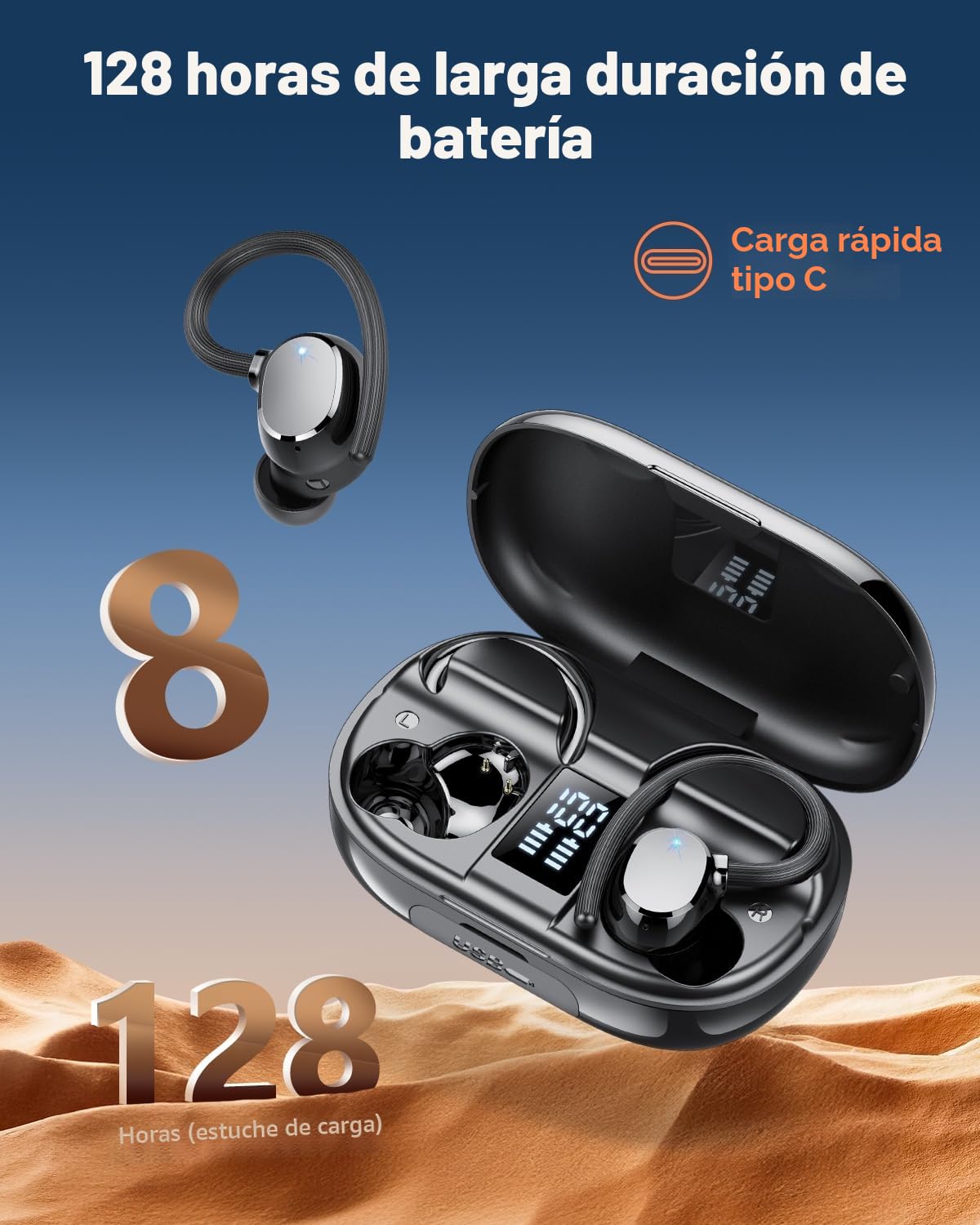 Auriculares Inalámbricos Deportivos, Nuevo Auriculares Bluetooth 5.4 HiFi Estéreo, 128H Cascos Inalambricos Bluetooth con 4 HD Mic Pantalla Dual LED, IPX7 Control Táctil Inalámbricos para iOS/Android