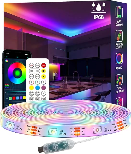 16.4FT Ws2812 RGB+IC LED Lumières à bande IP68 Étanche à l'extérieur 5V USB Propulsé, Synchronisation de musique Bluetooth APP/RF Lumières de télécommande pour Balcon,Cabine,Camping,Jardin,Décor de chambre