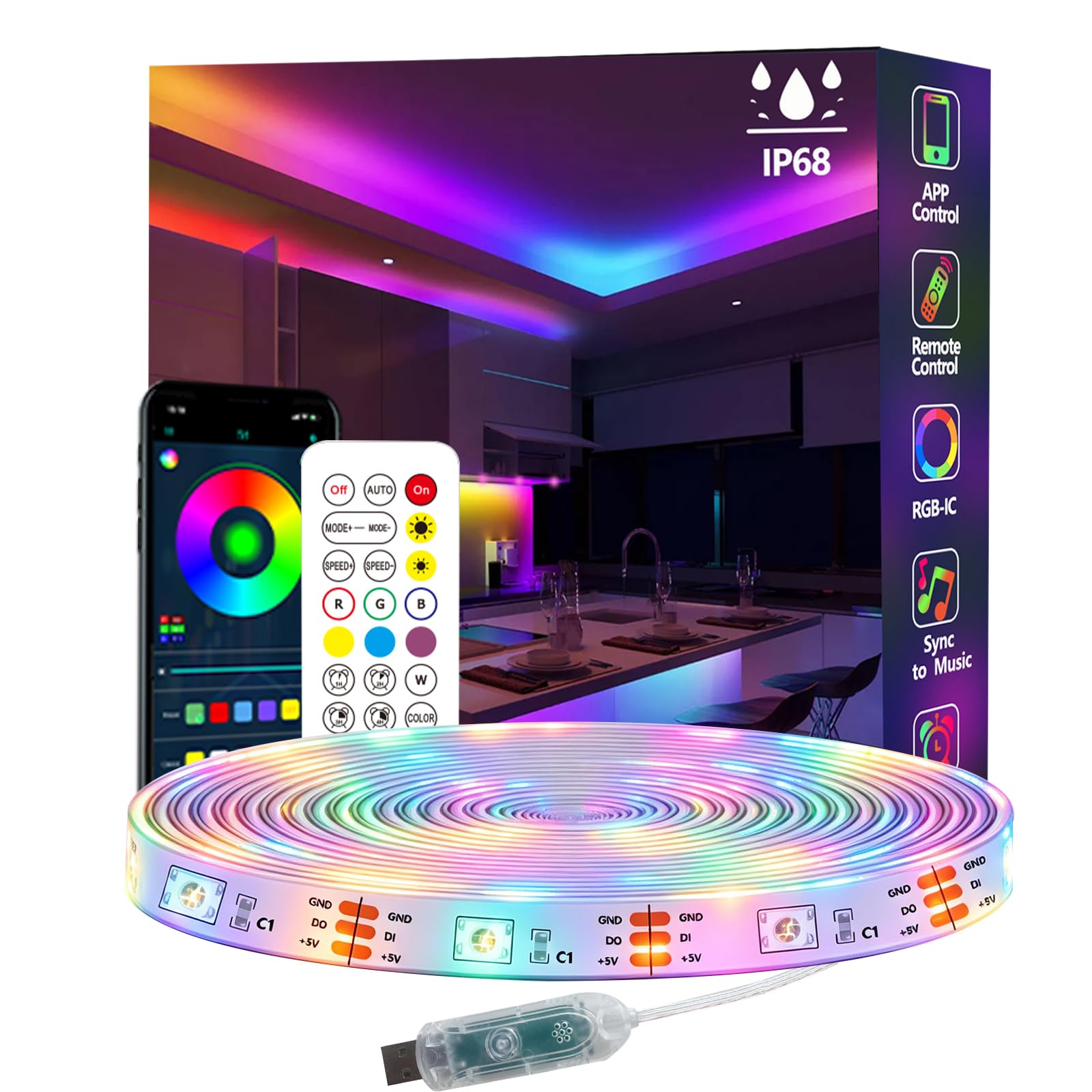httpsmp Ws2812 RGB+IC LED Streifen, IP68 Wasserdicht, 5V USB Betrieben, Musik Sync, Bluetooth App/RF Fernbedienung, Lichter für Balkon, Deck, Camping, Garten, Schlafzimmer, Dekor