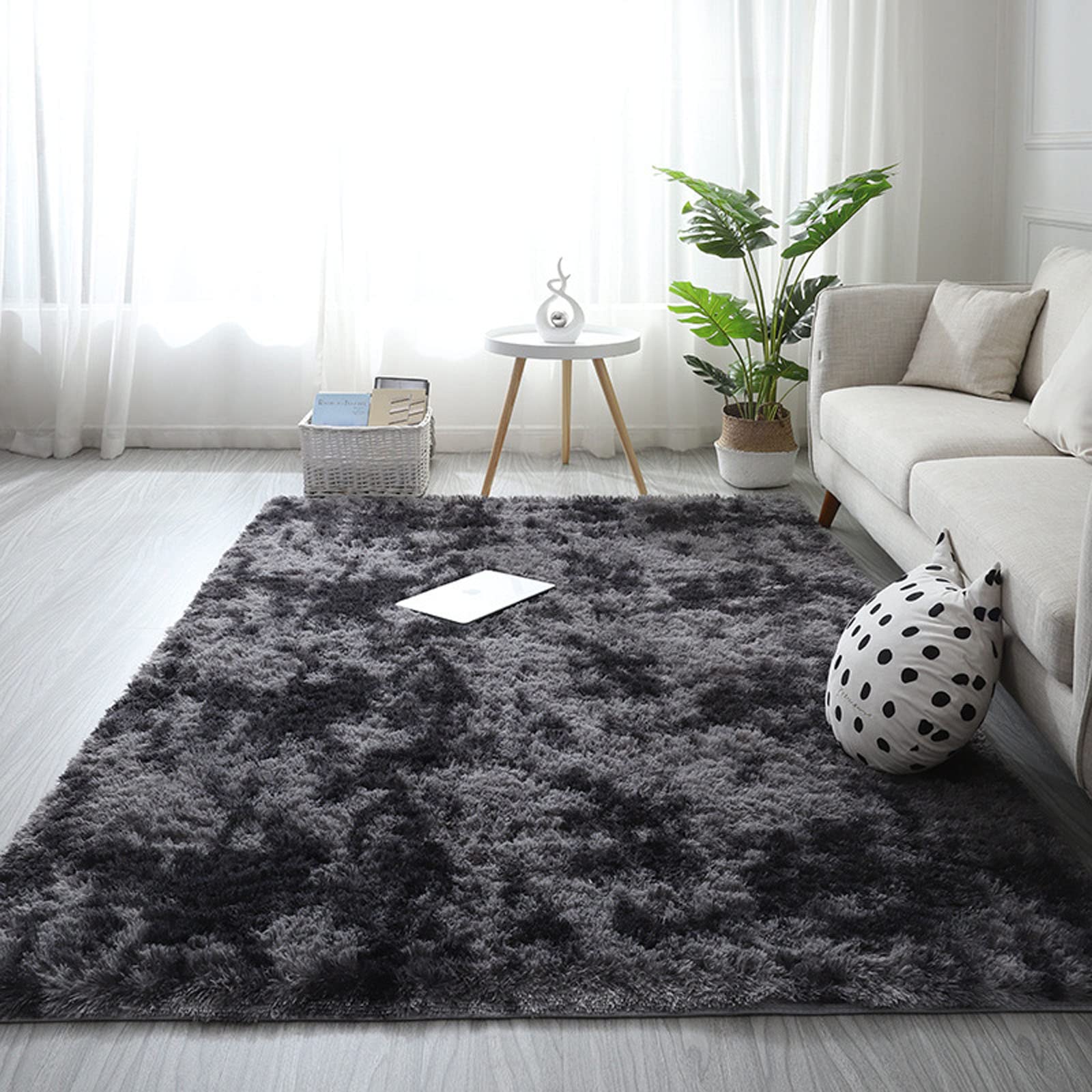 Tapis de salon noir 200x300 cm à poils longs et motif moderne pour grande chambre