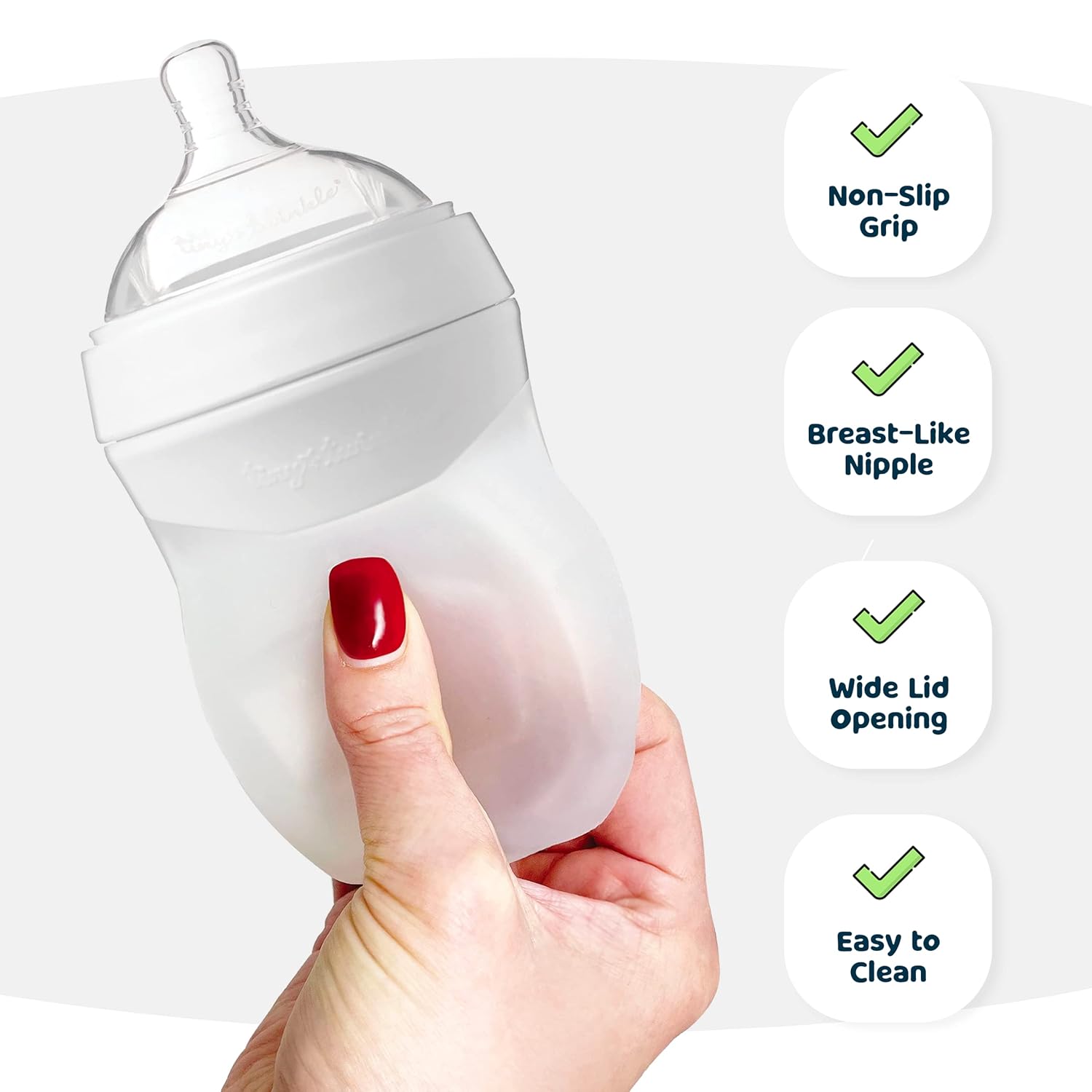 Tiny Twinkle Silicone Baby Bottle with Comfort Grip and Soft Flexible Nipple - Squeezably Soft Baby Bottles for Newborn and Up (White, 6 Ounce - 3 Pack)