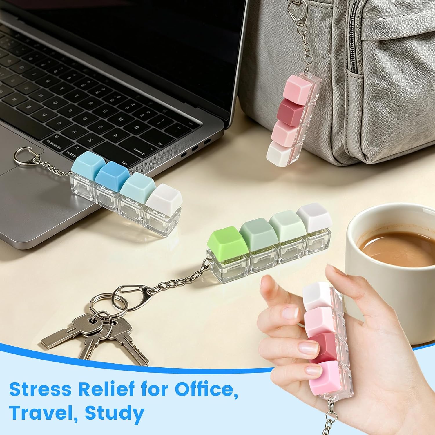 3 Pack Keyboard Fidget Toy Clicker Keychain for Adults,3 Sound Modes | Clicky,Creamy&Silent Clicker-Quiet Fidget Keychain for Adults, Boost Focus & Calm Anxiety at Work, Travel –Stress Relief Gift