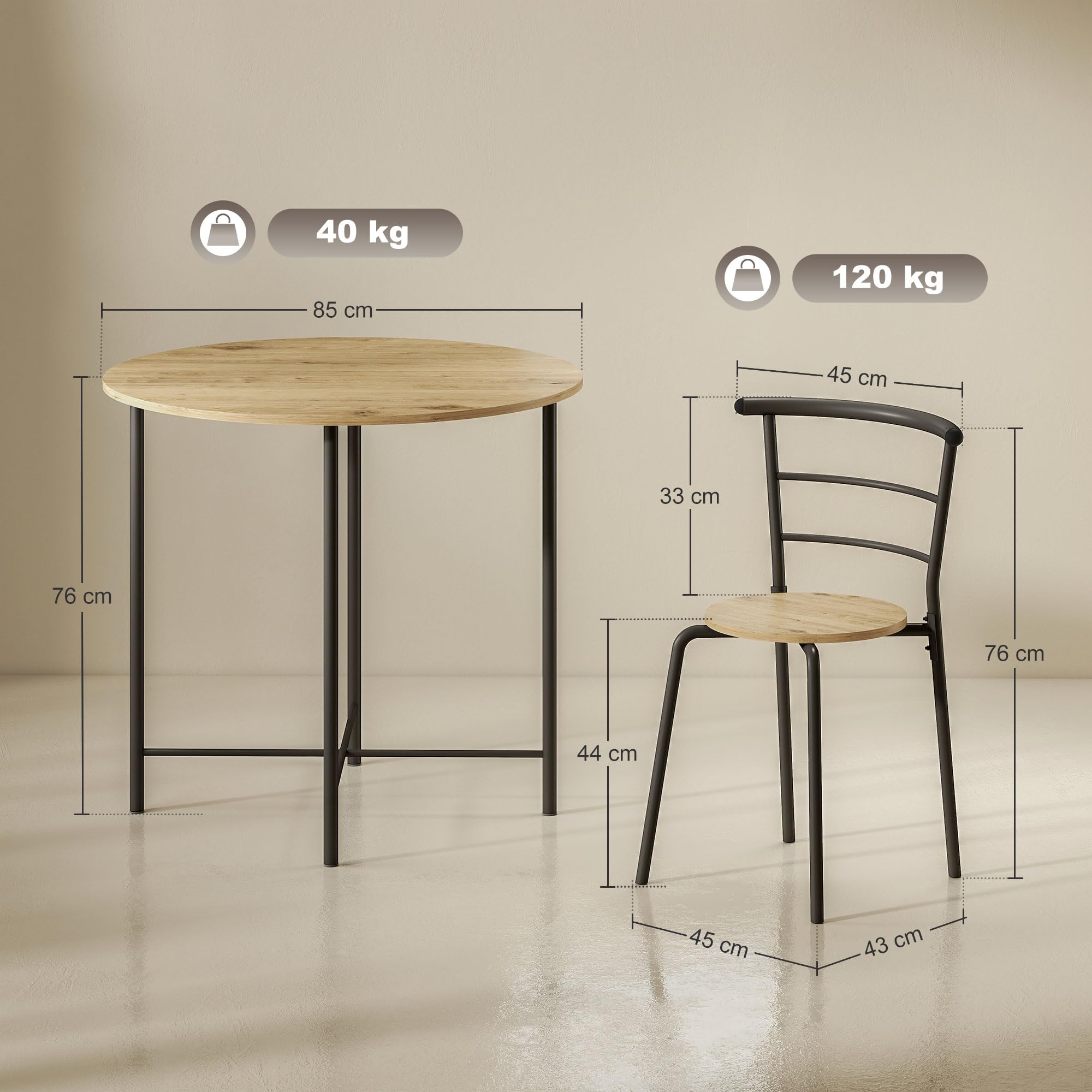 HOMCOM Dining Table and Chairs Set, Round Kitchen Table with 4 Chairs, Industrial Style, Metal Frame, for Small Spaces, Living Room, Natural — view 7