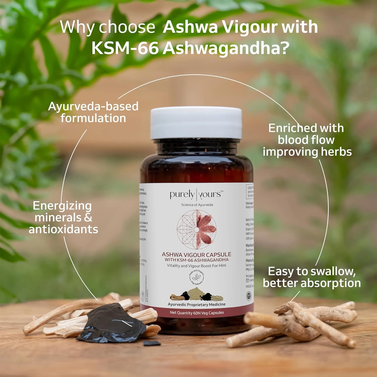 Generic Purely-Your' ASHWAGANDHA SHILAJIT VIGOUR | Shilajit Capsules with KSM-66 Ashwagandha and Safed Musli | Improves Blood Flow and Enhances Performance and Staminam for Him