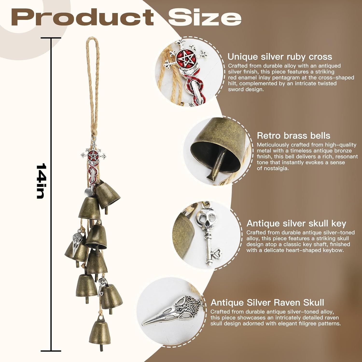 2 Pack Witch Bells Protection Door Knob Hanger Gothic Pentagram Cross&Raven Skull Protection Charm with Antique Brass Bells for Wiccan Home Decor,Witchcraft Altar Supplies