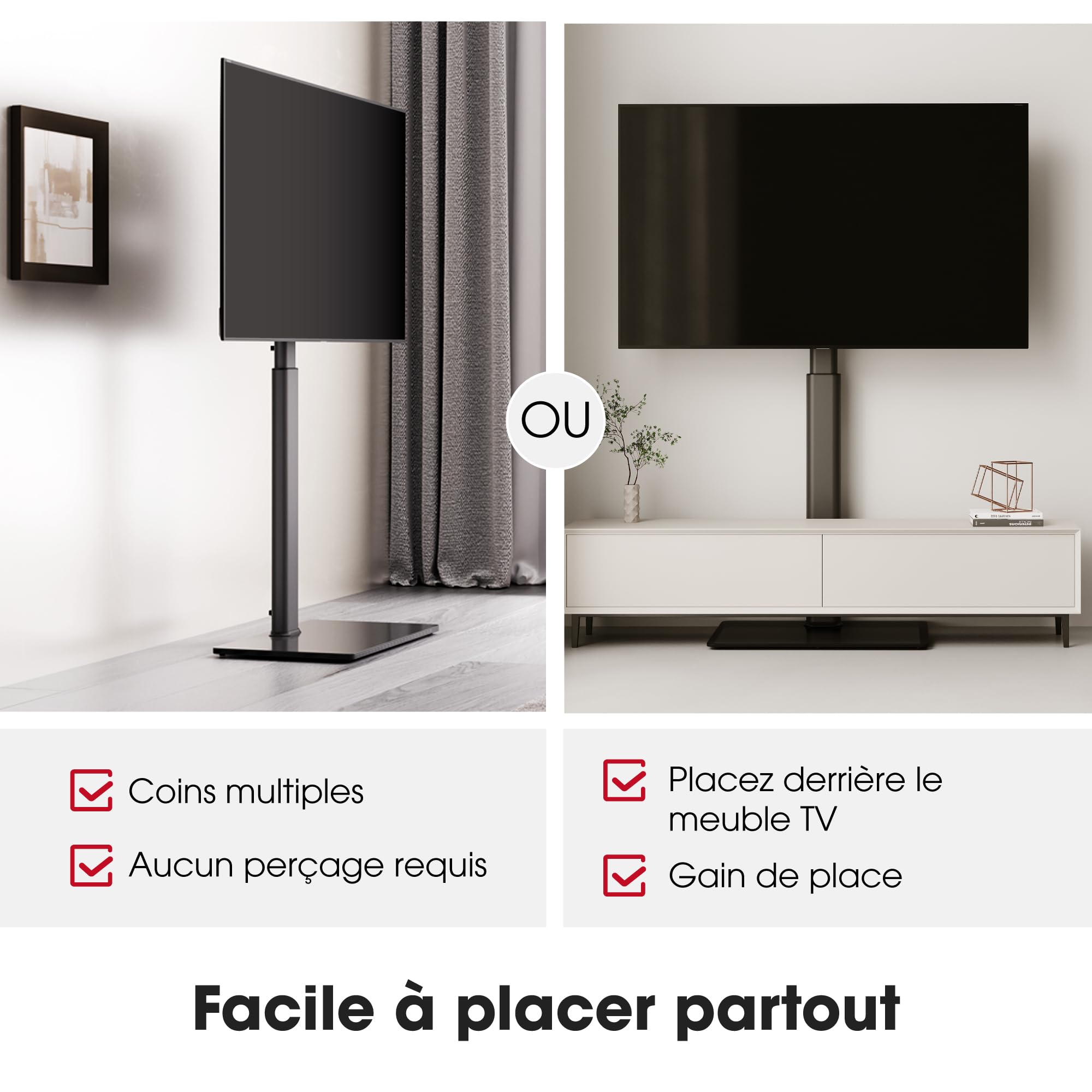 AOKCOS Support TV sur Pied Plus Haut 1,6m pour 43-85 Pouces,Pied pour TV Pivotant 50° Inclinable 12° Hauteur Réglable Max VESA 600x400mm Max Capacité 50 KG (Noir)