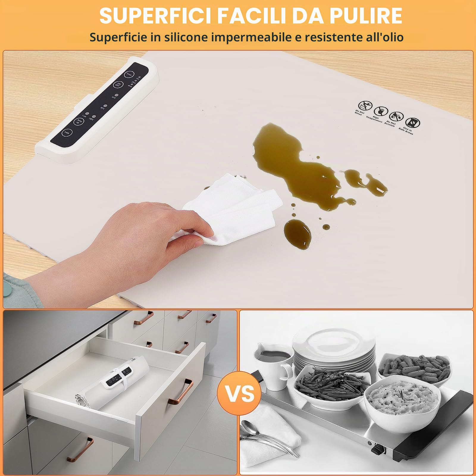 Vassoio Riscaldante Elettrico,Tappetino Riscaldante in Silicone Portatile,Scaldavivande Elettrico Portatile Regolabile,60-100 ℃,Scaldavivande, Materiale in Nano Silicone Pieghevole