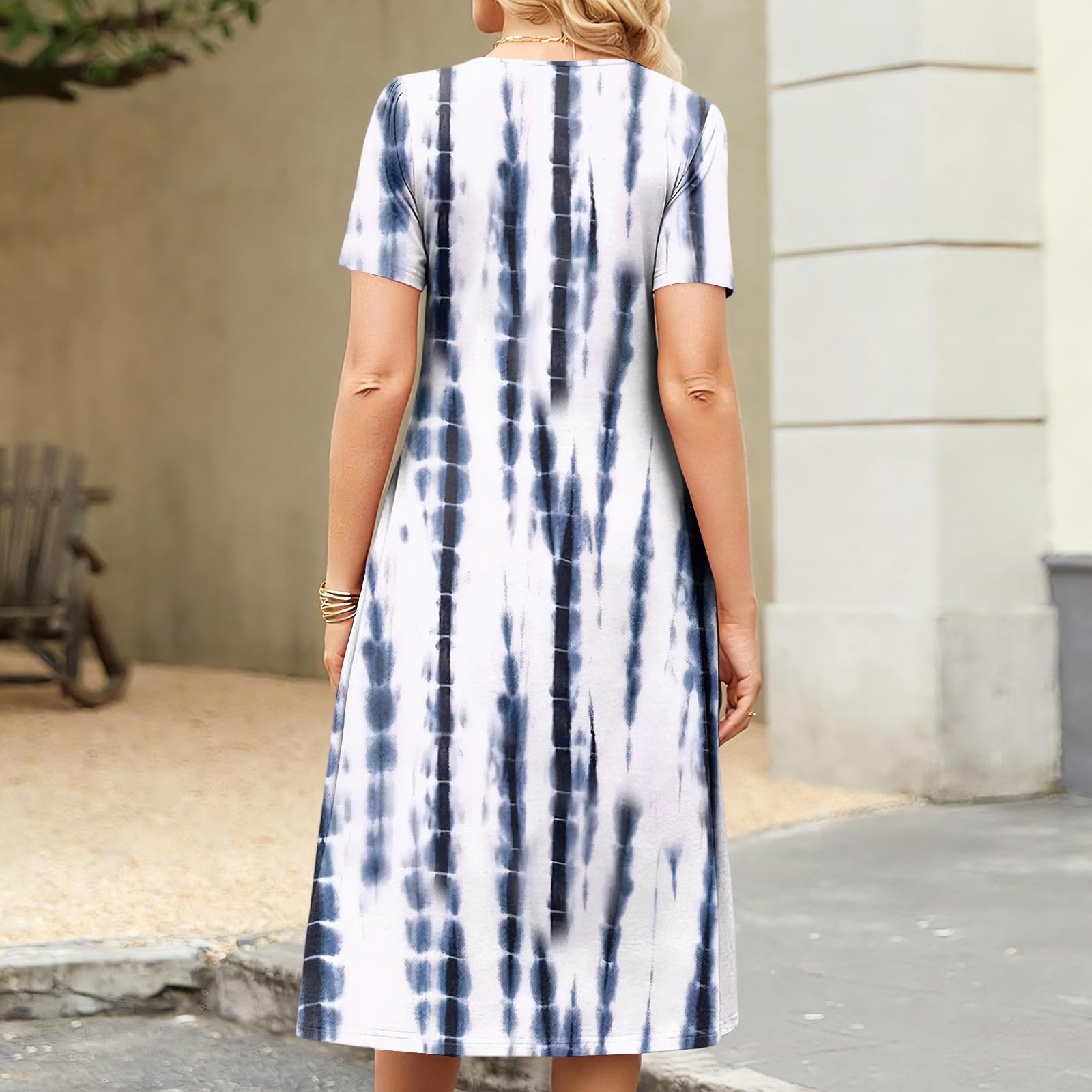 Freizeitkleider für Damen, bedruckt, plissiert, A-Linie, Midi-Kleid, kurzärmelig, mit Taschen, Sommer, Hochzeit, Gästekleid, Strand, Arbeit, Alltag, Anlass: