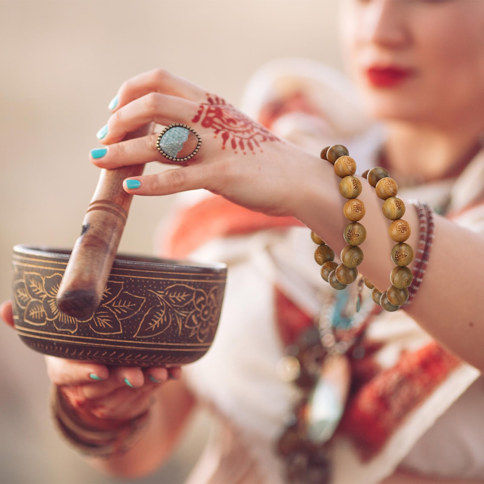 2 pulseras de cuentas de sándalo verde budista tibetano de 0.59 pulgadas (0.591 in) perfumadas con eslabones de sándalo, muñeca ajustable de madera, cuentas de oración para hombres y mujeres 6