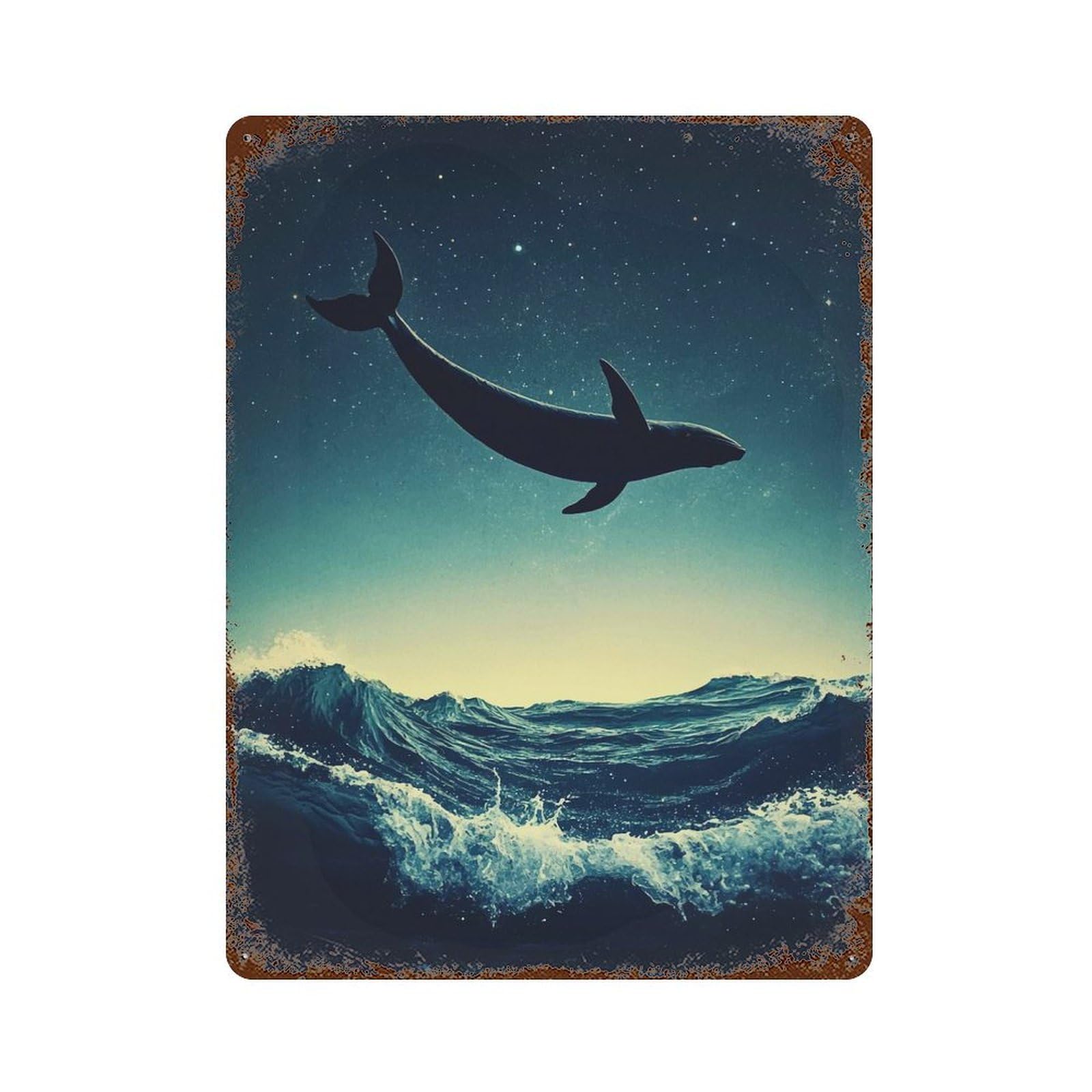 Whale in The Starry Sky Distressed Metal Wall Sign 15.7"x11.8", for Garage, Bar And Workshop Decor, Decorative Metal Wall Art
