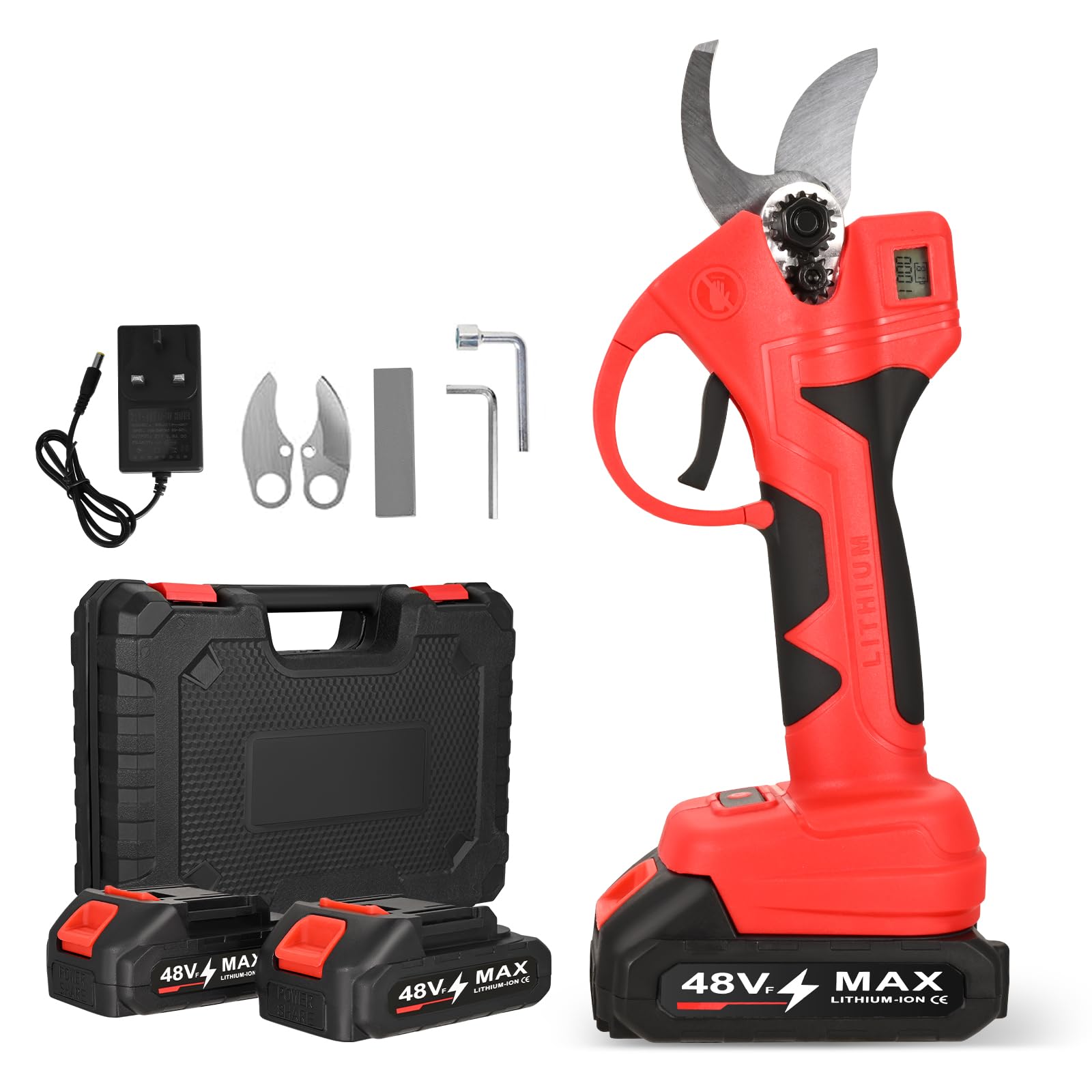 Sécateur électrique, 30 mm Secateur a Batterie, Professionne Secateur Electrique Sans Fil avec 2 x 2000 mAh, écran LCD, Moteur Brushless, SK7 Lame Secateur de Jardin pour arbres, arbres fruitiers