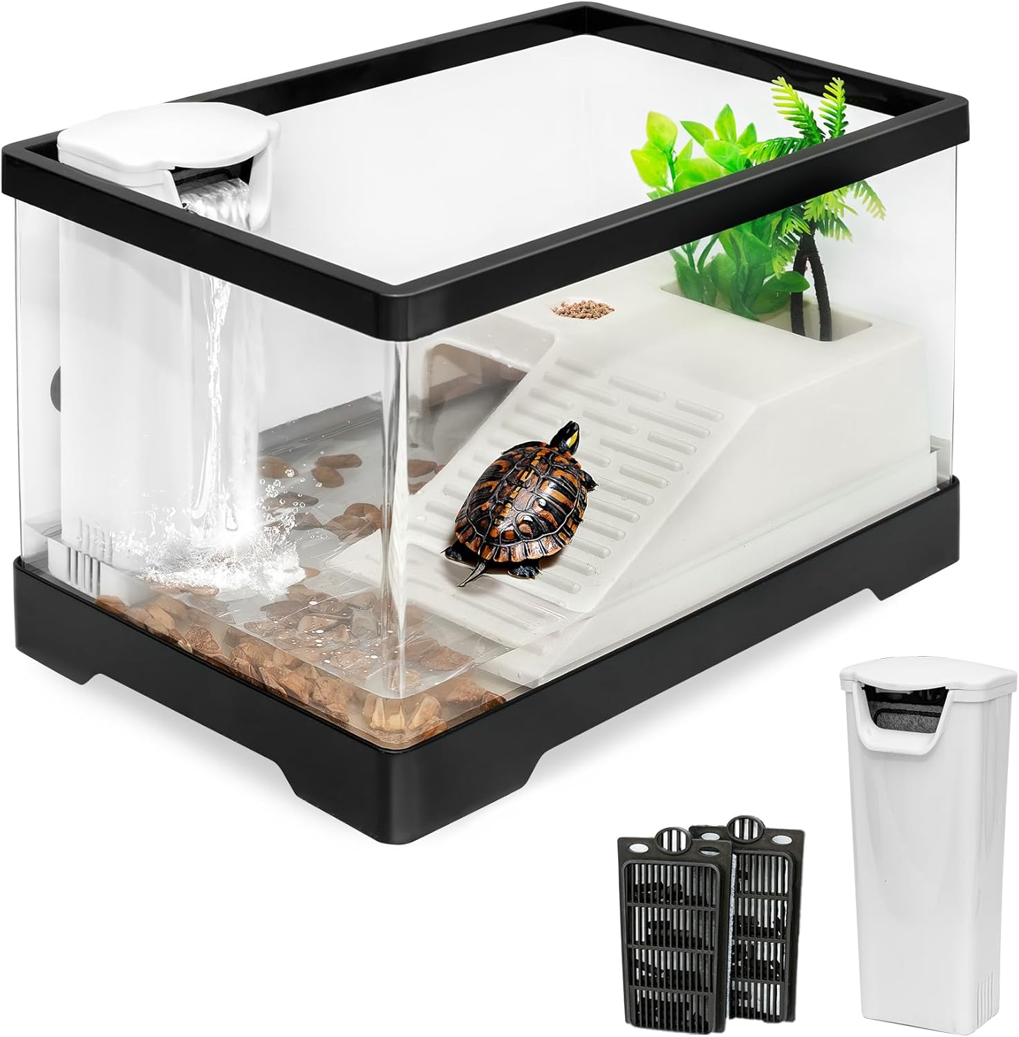 Turtle Tank Kit,PC Small 11.81*7.28*7.08inch Red Eared Slider Starter Aquarium,Aquatic Baby Tortoise Cage Habitat Indoor for Fishes and Amphibians Reptiles,Include Filter*1,Filter Plates*2