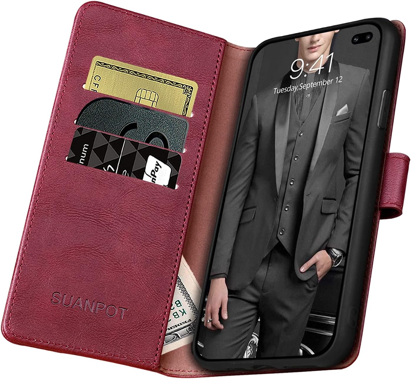 SUANPOT for Samsung Galaxy S10+ /S10 Plus 6.4 (Not Fit S10,S10e) Leather Wallet case with RFID Blocking Credit Card Holder, Flip Folio Book Phone Cover Shockproof case Wallet Pocket Wine Red