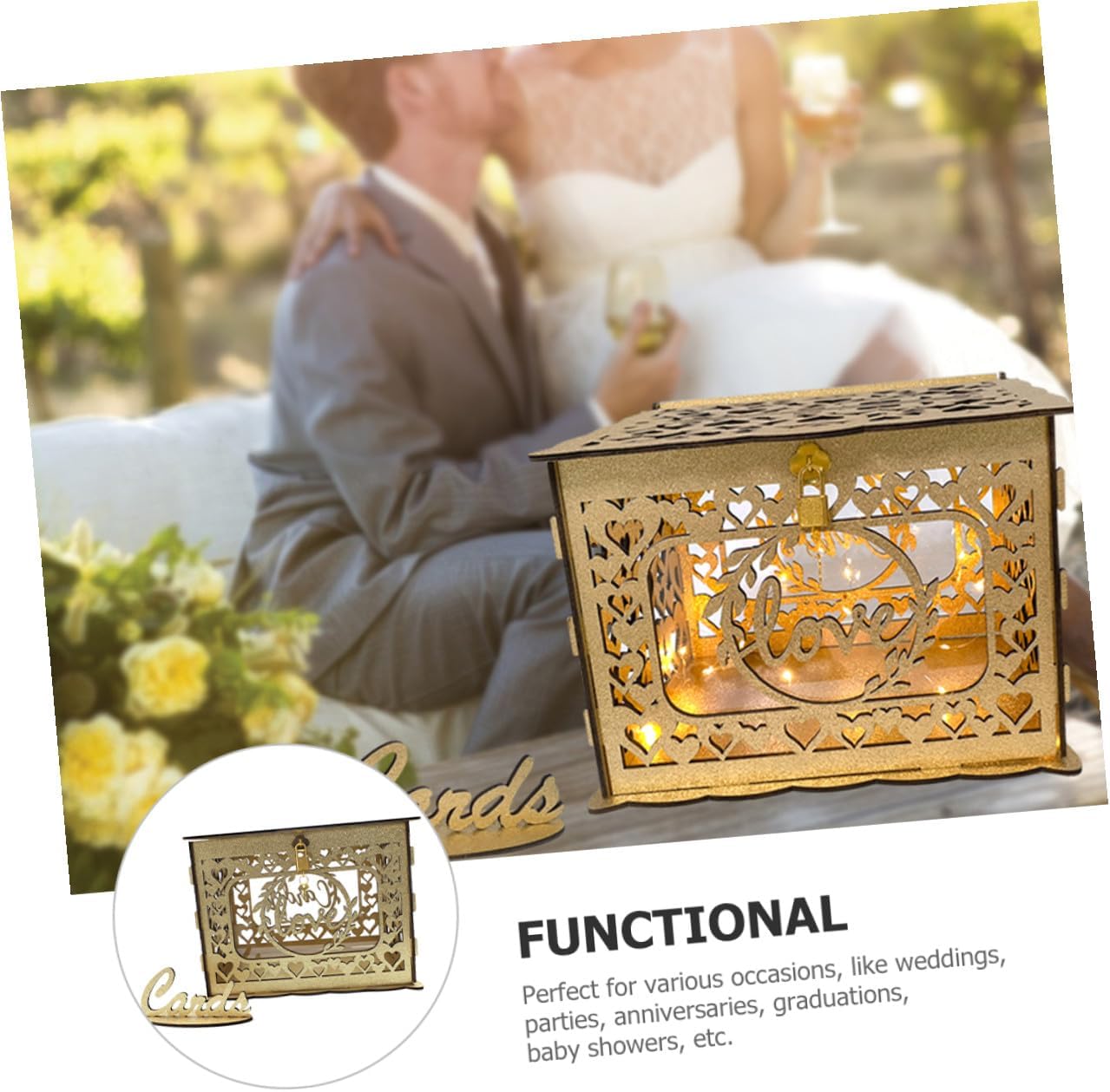 Wooden Hollow Card Box with Lock, Glitter Birthday and Wedding Envelope Storage, Anniversary Greeting Card Holder for Party and Celebration Decor