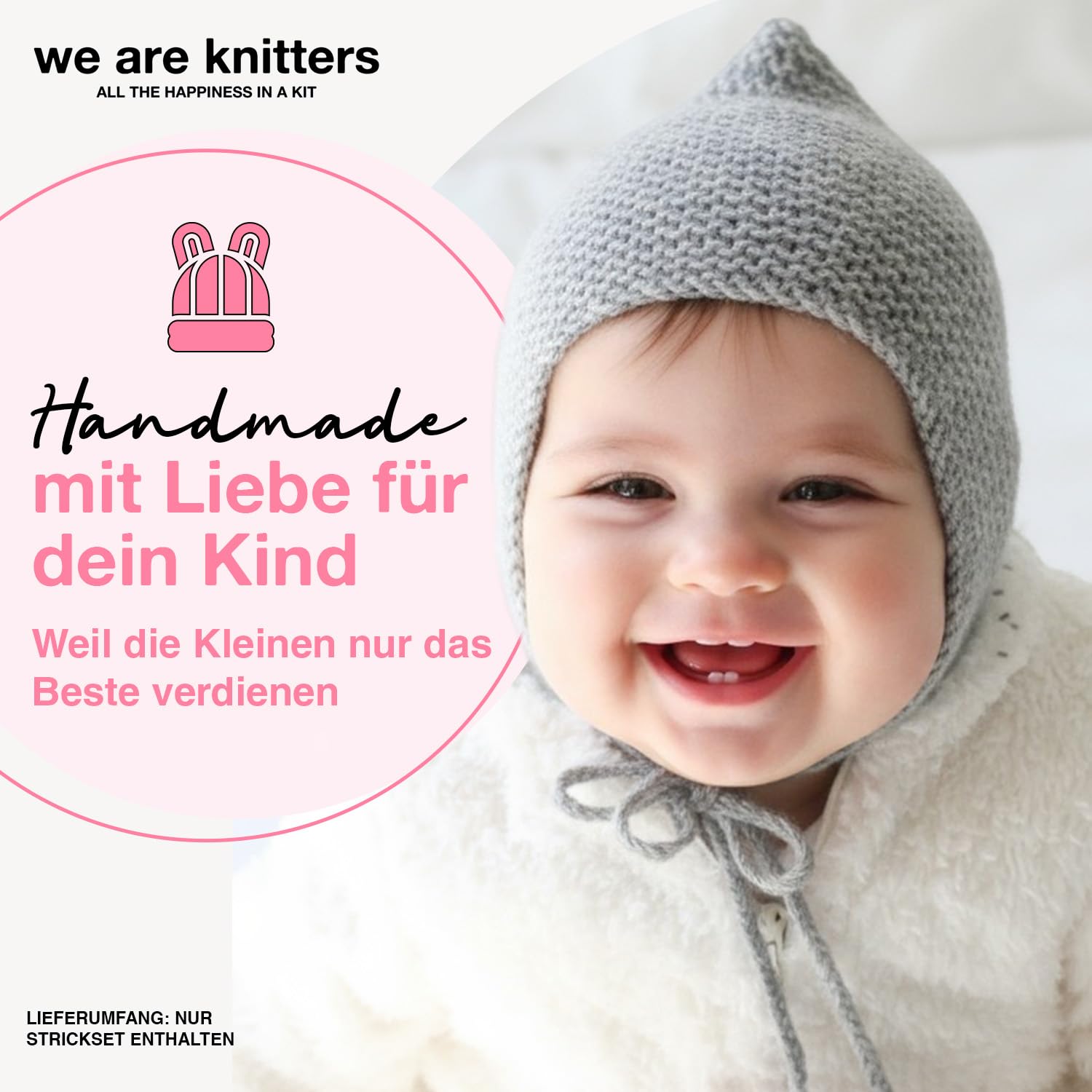 We Are Knitters Titi Hood Kit – Strickset für Anfänger mit 100% Baby-Alpaka-Wolle – Komplettes Strickset mit Wolle und Anleitung – Baby Kapuze (1–6 Monate / 6–12 Monate) – Handarbeit Geschenk