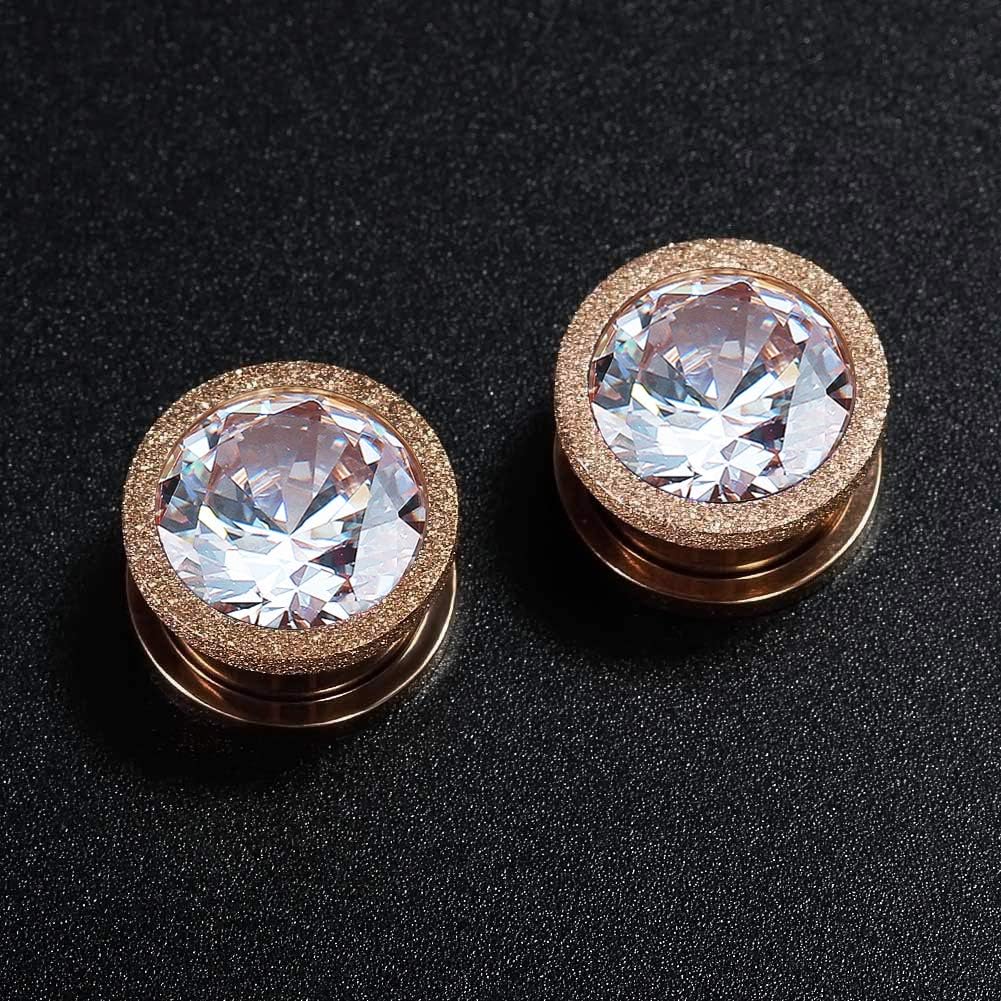 ZS Rose Gold Stainless Steel Screw Big Cubic Zirconia Ear Gauges Plugs Tunnels Expander Body Piercing