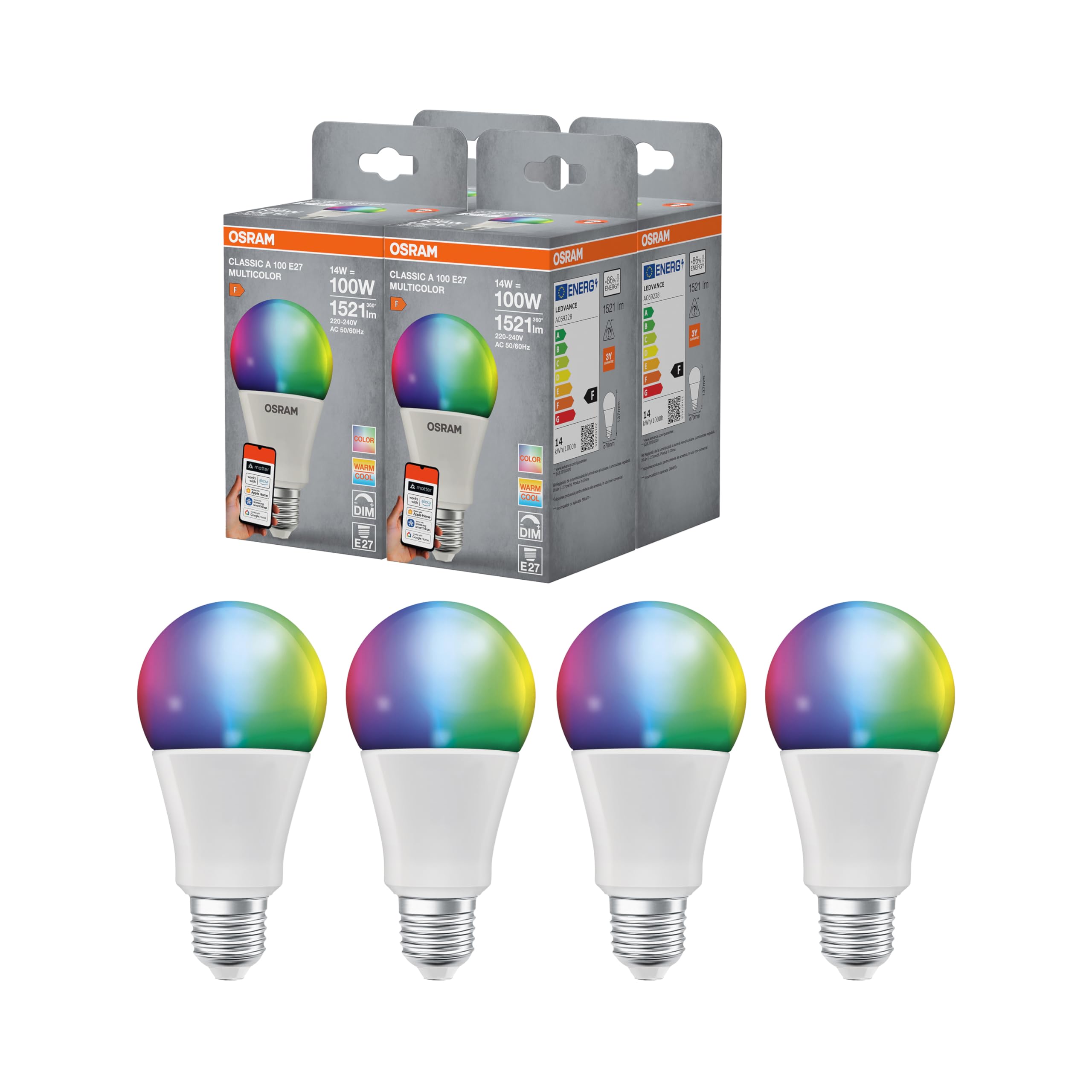 OSRAM OSRAM Smart+ RGBW, E27 LED lamp with Matter Over WiFi, Specially Designed for Alexa - Easy Setup with one Click, 100W Replacement, Warm White to Cool White (2700-6500K), 16 Million RGB Colors, 4-Pack