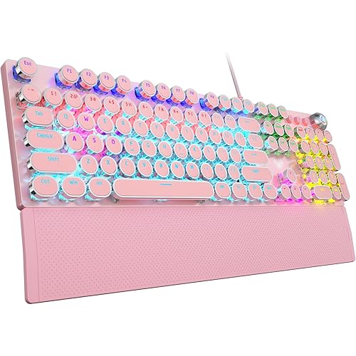 AULA F2088 Typewriter Mechanical Keyboard, Pink Retro Wired Gaming Keyboard with Blue Switches, Rainbow Backlit, Round Keycaps, Media Knob & Removable Wrist Rest