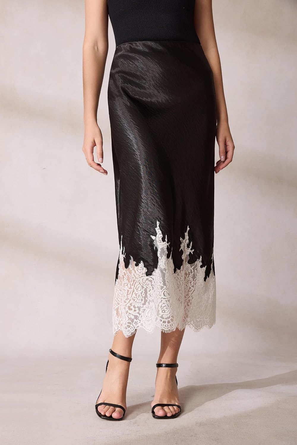 Women's Satin Midi Skirt with Lace Hem Elegant Black Bias Cut A-Line Skirt for Work, Parties & Daily Wear