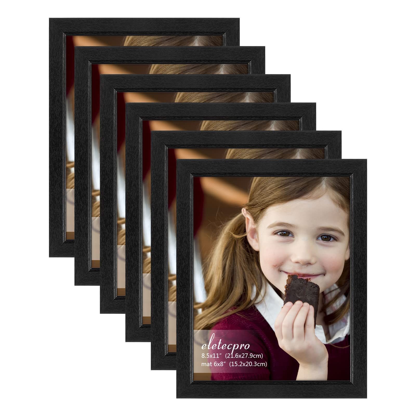 eletecpro 8.5x11 Picture Frame Set of 6, Display Pictures 6x8 with Mat or 8.5x11 without Mat, Photo Frames for Tabletop and Gallery Wall Home Decor, Horizontal and Vertical Mounting