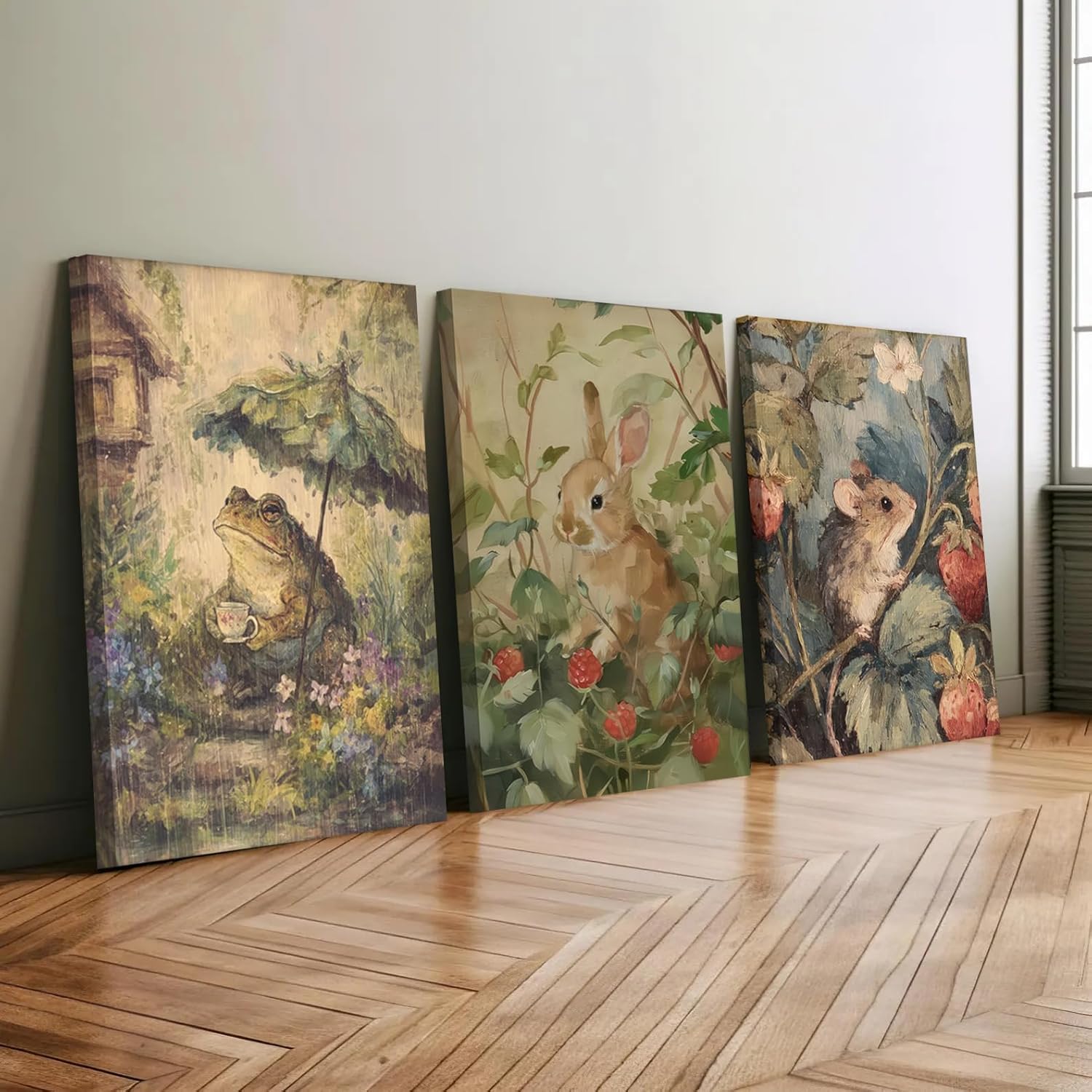 3pcs Woodland Nursery Wall Art Retro Wild Animals Painting Picture Wall Decor The Mouse and Rabbit Picking Raspberries Funny Frog With An Umbrella, Poster Print Artwork for Child Room Home Decoration