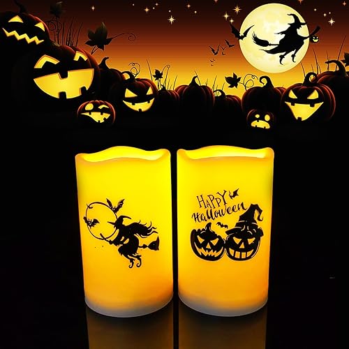 Paquete de 2 velas LED de Halloween que funcionan con pilas, de 3 x 5 pulgadas, diseño de bruja de calabaza, velas parpadeantes sin llama de