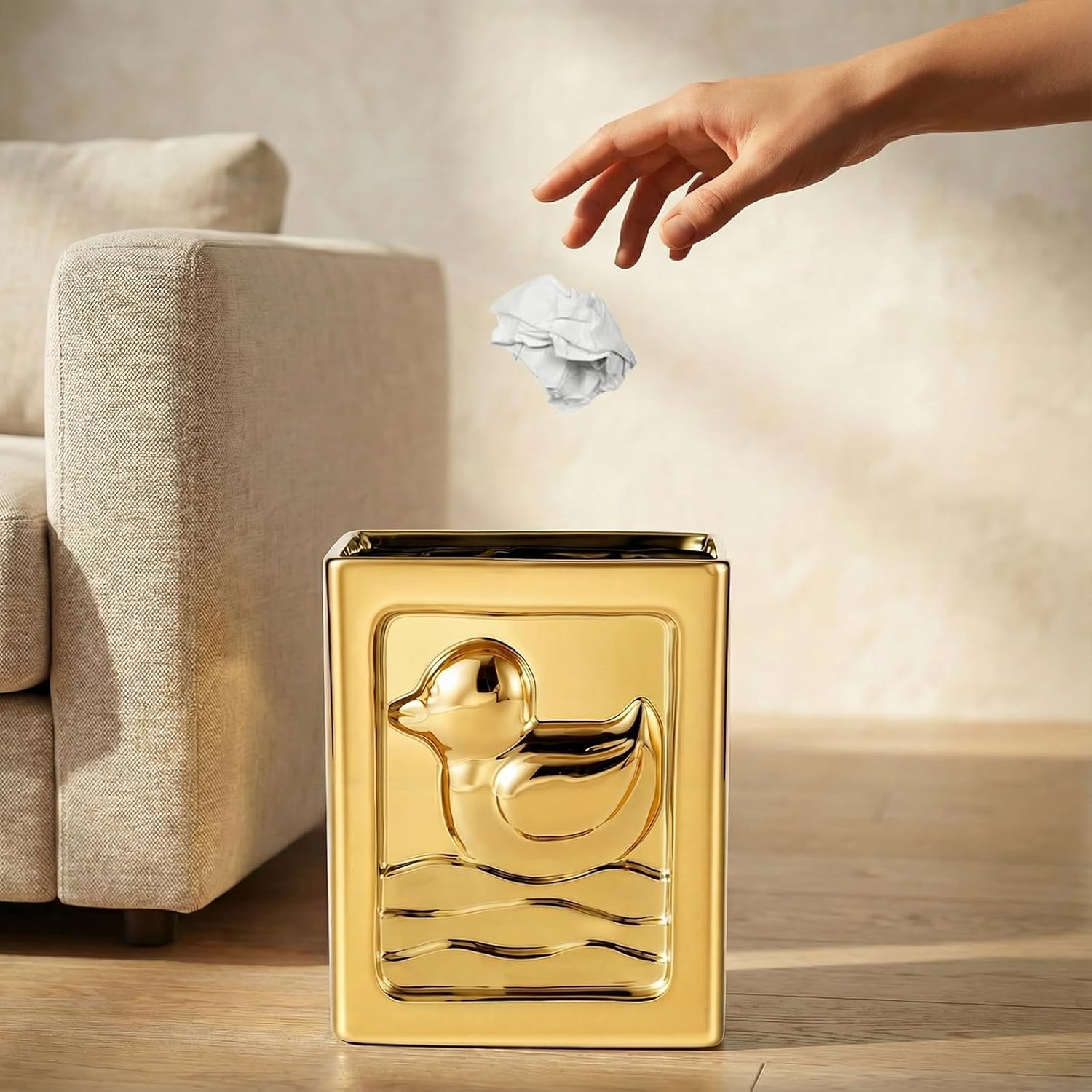 Gold Trash Can - 7L/1.85Gallon Ceramic Waste Basket, Decorative Duck Small Garbage Can for Kitchen, Bathroom, Bedroom, Office, Multi-Purpose Storage Bin