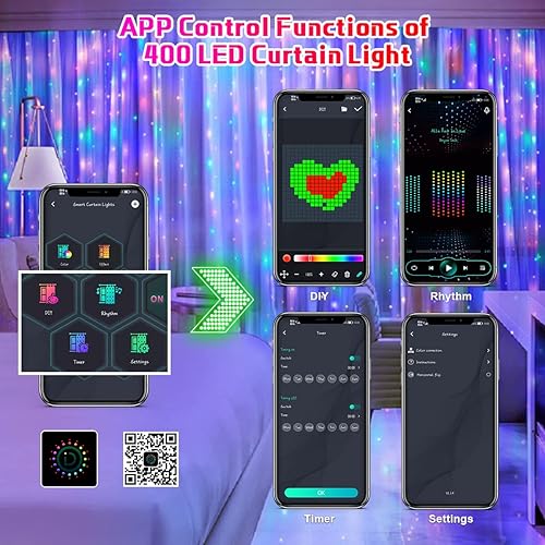 Vista 3 de AKEPO Luces LED inteligentes programables para colgar en ventana, IP65 400 RGB LED APP Control DIY texto y patrón de luces de hadas para propuestas