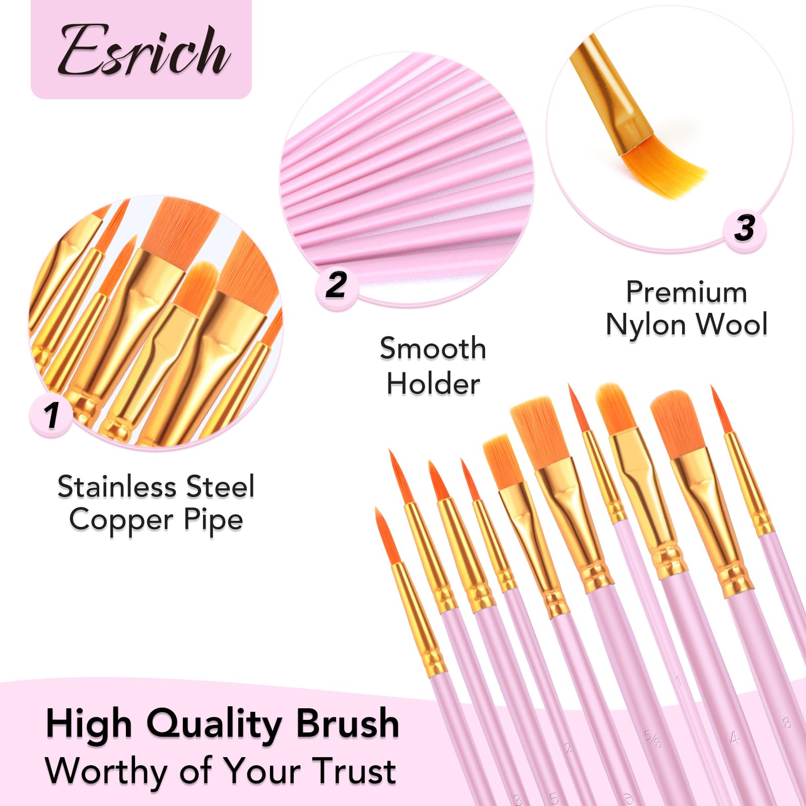 ESRICH Lot de 24 pinceaux de peinture acrylique, 240 pièces, tête de pinceau en nylon, pour peinture à l'huile, gouache, visage, céramique, etc., pour enfants et adultes (rose)