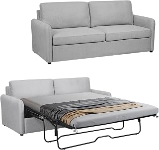 Queen Size Pull Out Sofa Bed, 2 in 1 Convertible Sleeper Sofa Couch with Pullout Bed, Memory Foam Mattress for Living Room Office, Space-Saving, Light Grey