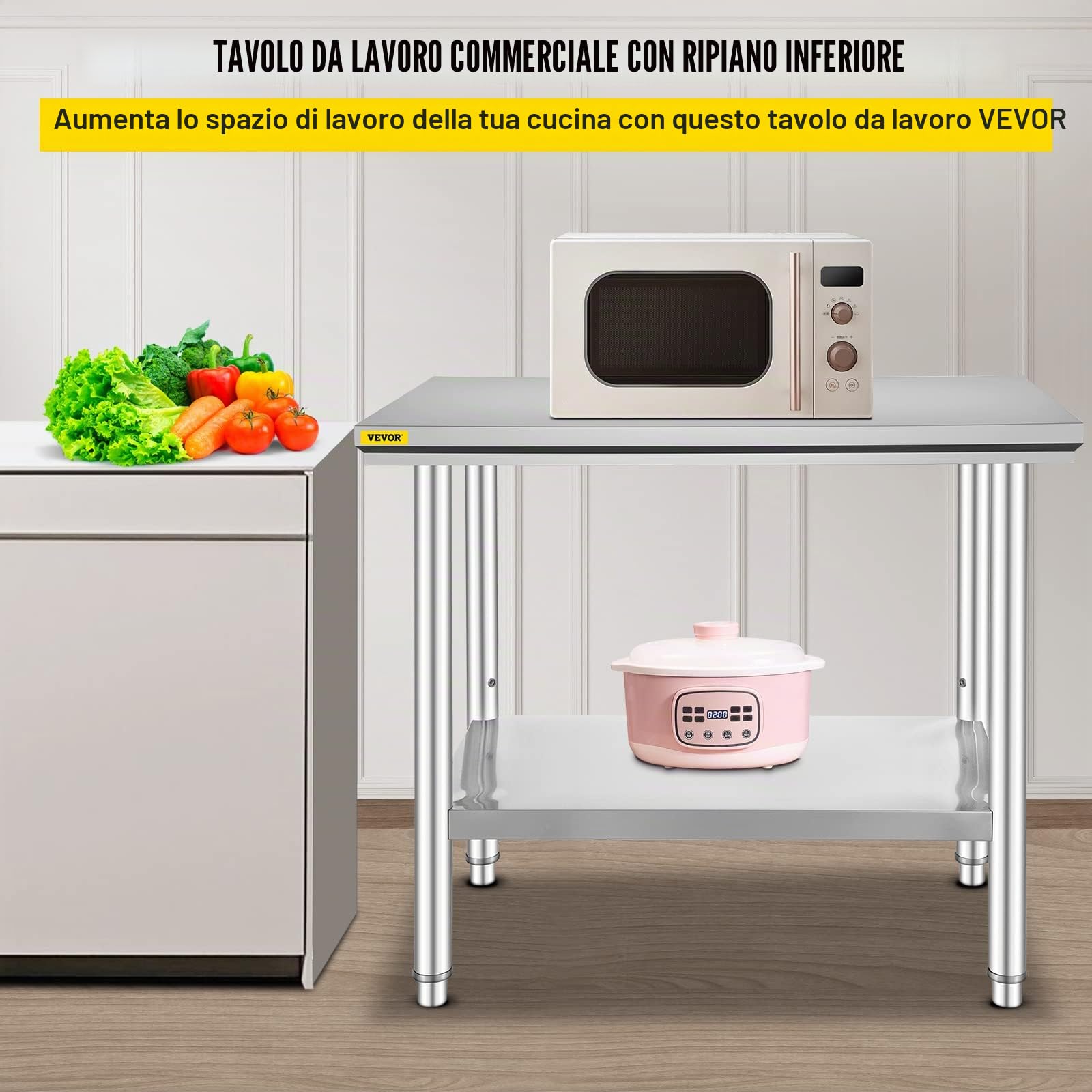 VEVOR Piano di Lavoro per Cucina Professionale 90 x 60 cm, Tavolo da Lavoro da Cucina in Acciaio Inox, Tavolo da Lavoro per Cucina Professionale con Baclsplash